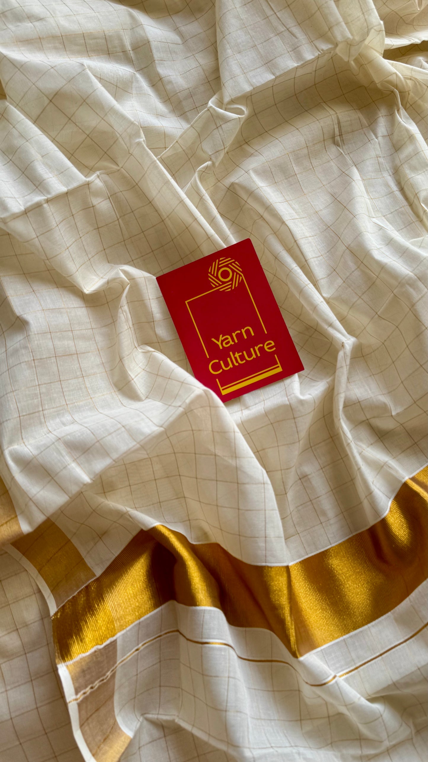 Ivory and gold soft cotton kasavu saree, checks - YCIEON79