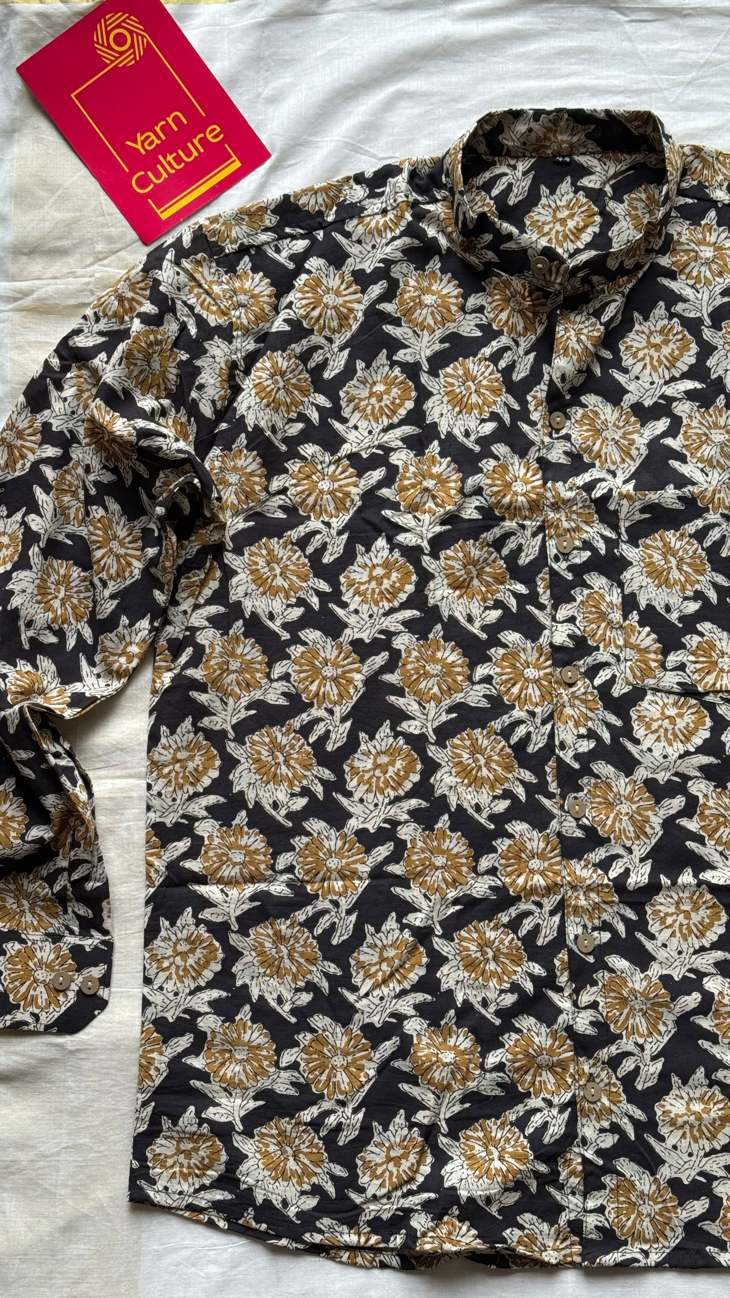 Black & Yellow Floral Block Printed Cotton Men's Mandarin Collar Kurta Shirt - YCMSEIE197