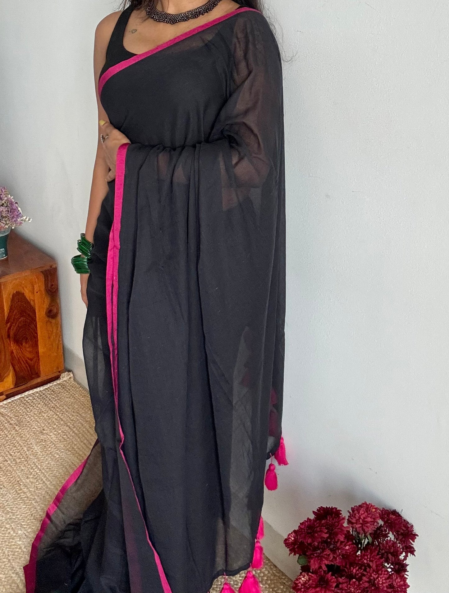 Black with hot pink border mul cotton saree - YCBCMCFE232