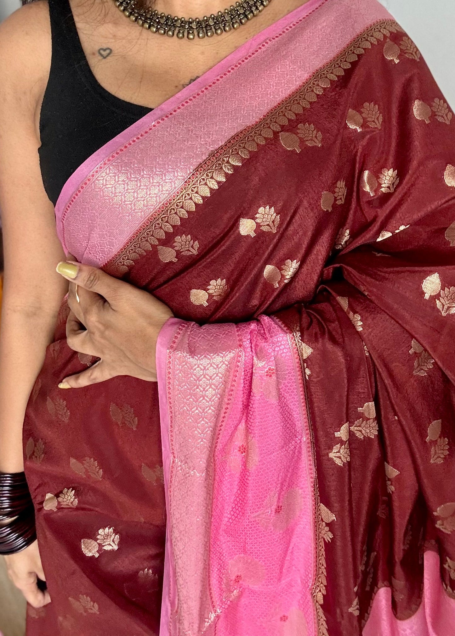 Coffee brown with pink border, semi dupion silk - YCBLSSJA23