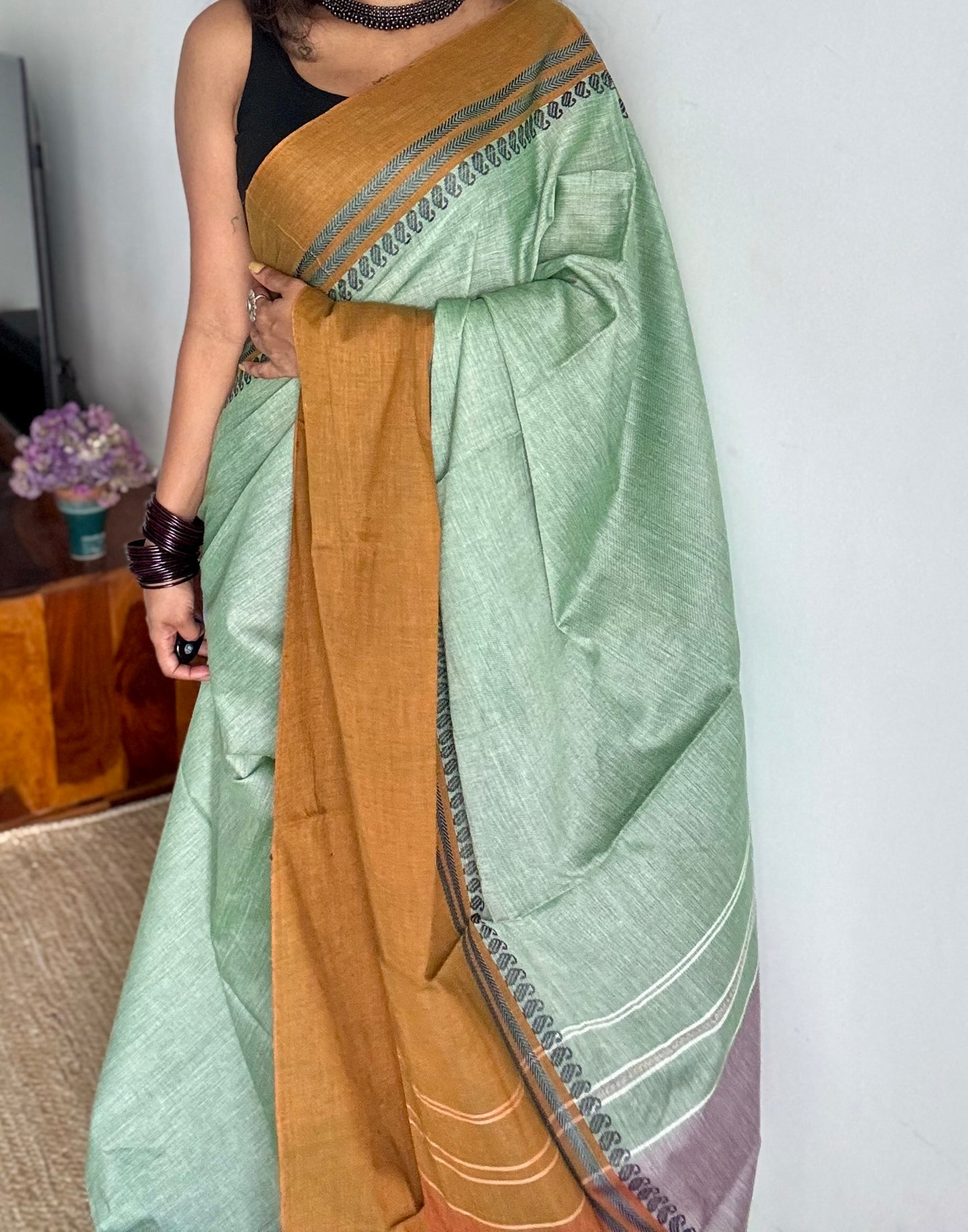 Dhonekhali handloom soft cotton saree, sage green with light brown border - YCBCDFE255