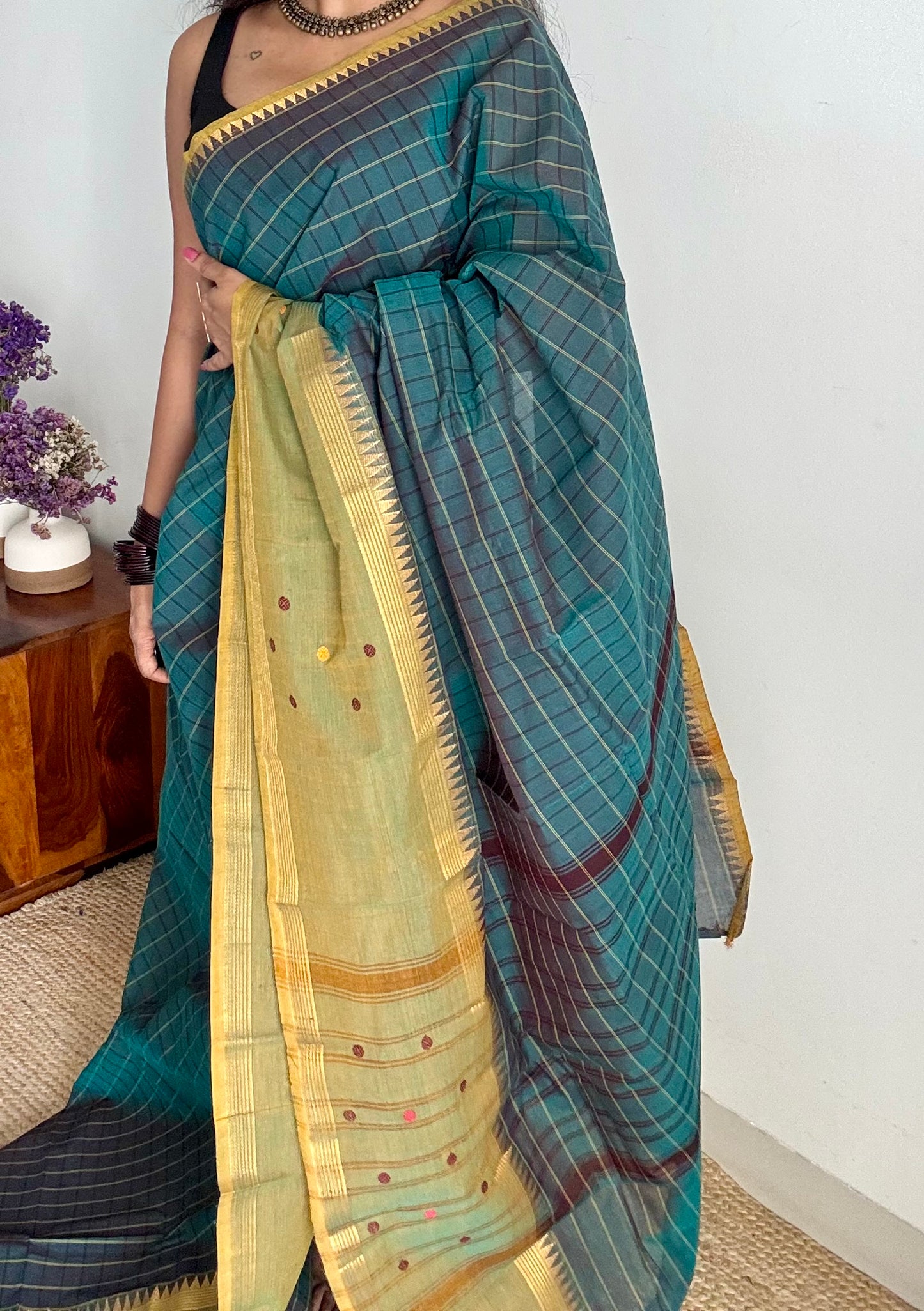 Dark teal and light green contrast, checkered Chettinad cotton saree - YCCOTNMA269