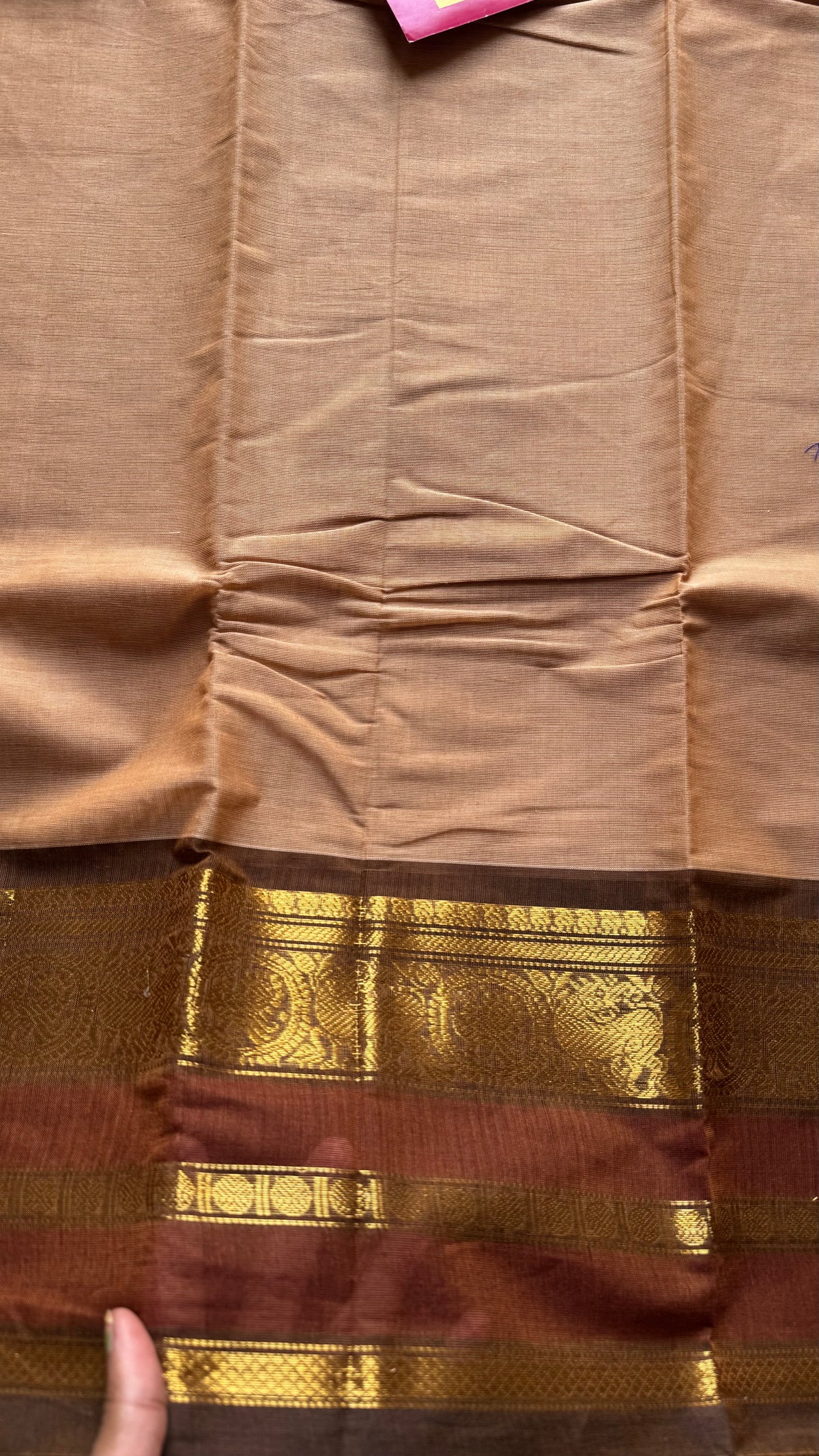 Sandal with brown gap zari border, chettinad cotton saree - YCCOTNCCOC120