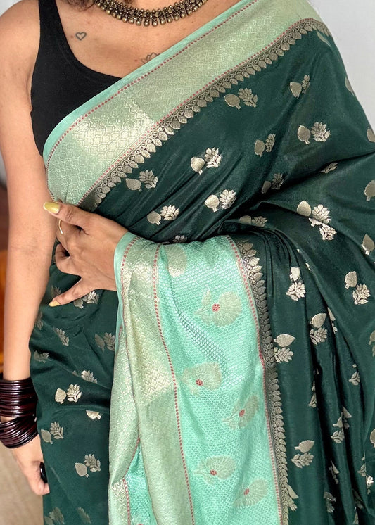 Dark green with pastel green border, semi dupion silk - YCBLSSJA25