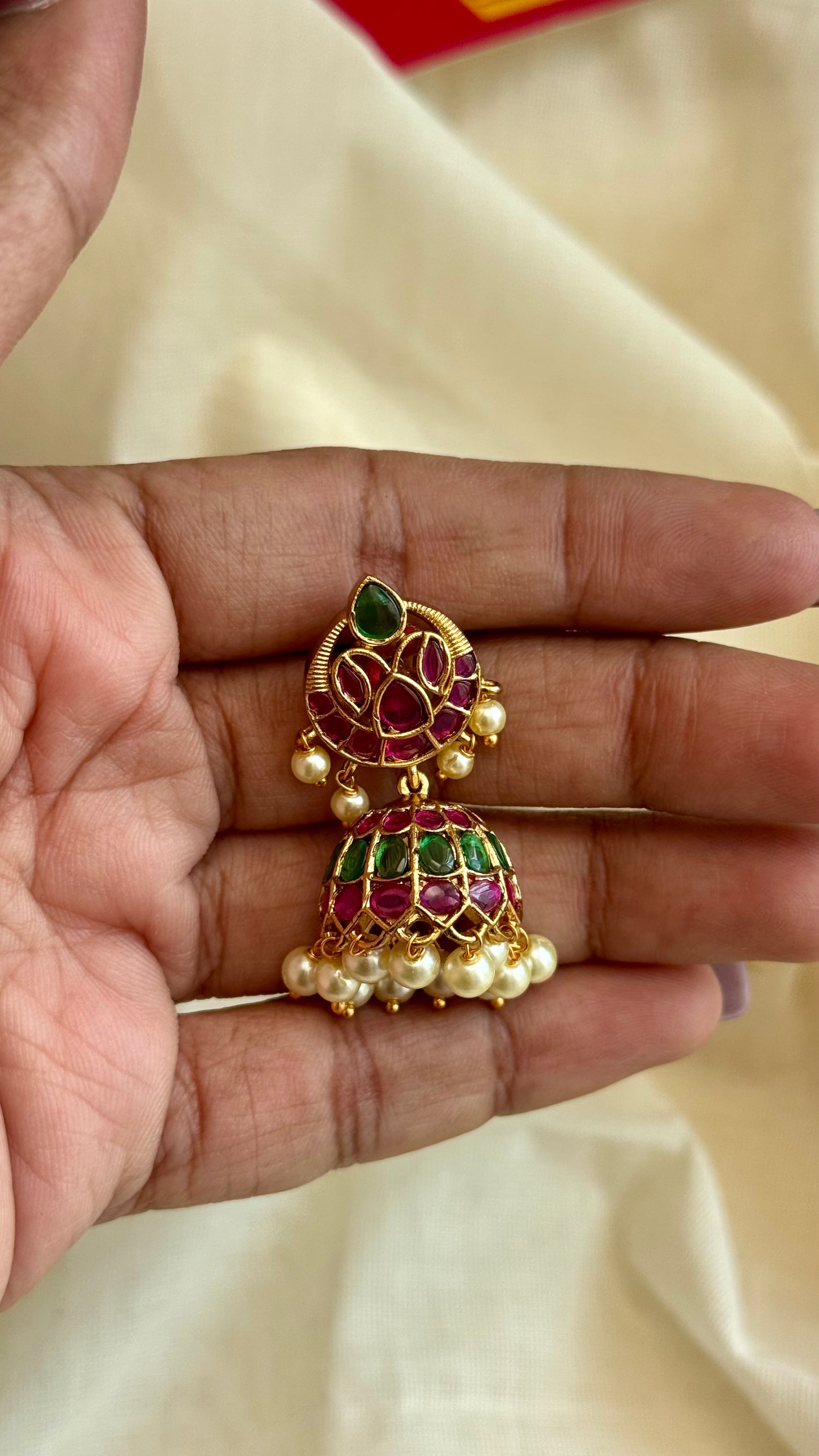 Ruby green white stone and pearls jhumka 2 - YCGPER826
