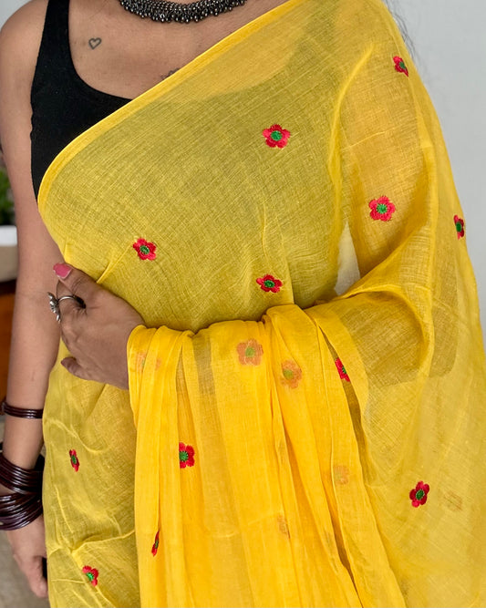 Yellow with red floral embroidered mul cotton saree  - YCBCMCAP47
