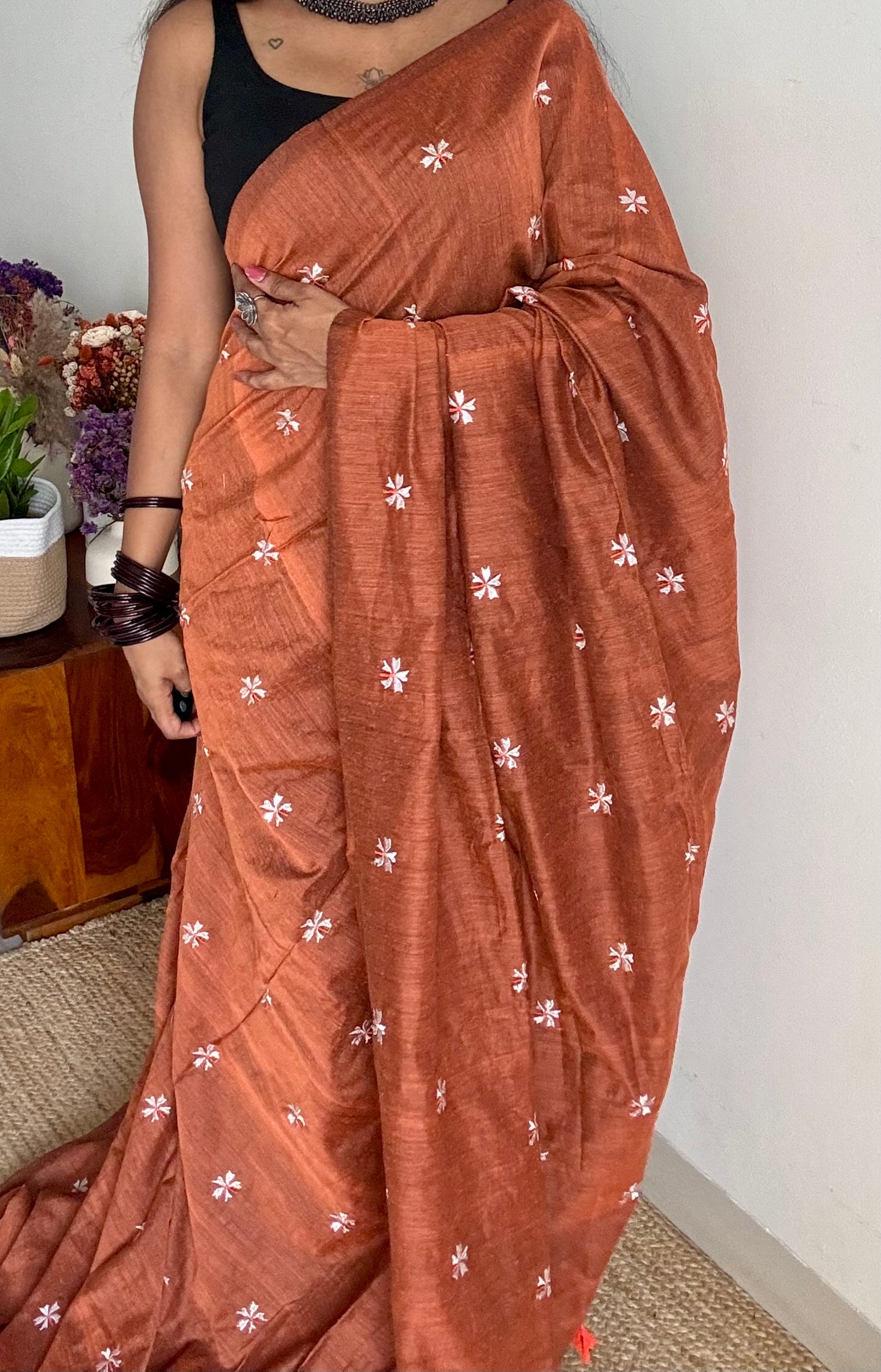 Rust orange parijat soft cotton saree  - YCBCKCAP38