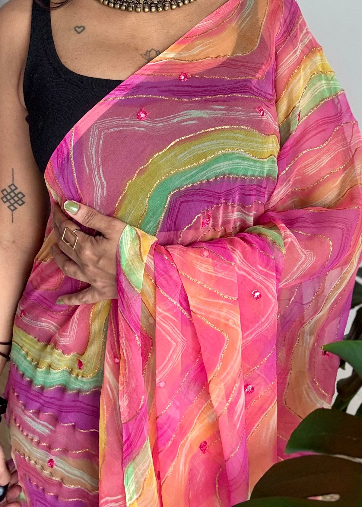 Pink multicoloured leheriya chiffon saree with mirror work  - YCTORLOC98