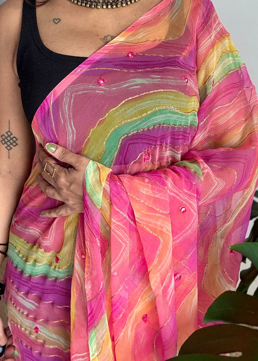 Pink multicoloured leheriya chiffon saree with mirror work  - YCTORLOC98