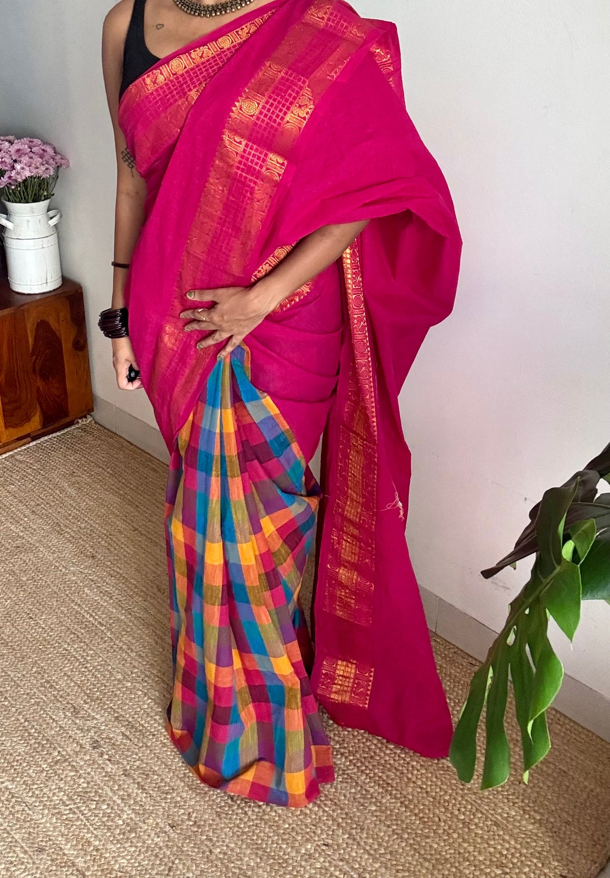 Hot pink with multicoloured madras checks, cotton half and half saree - YCCOTNIDOC163
