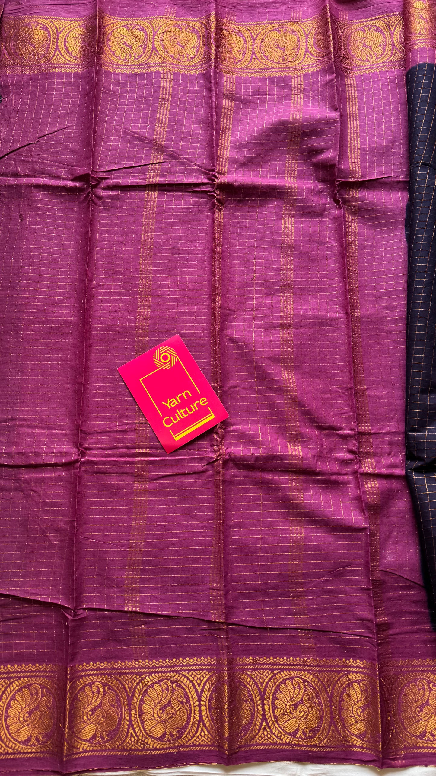 Dark blue with mauve pink contrast zari checkered sungudi, kattuchayam dyed madurai cotton - YCCOTNMSAP93