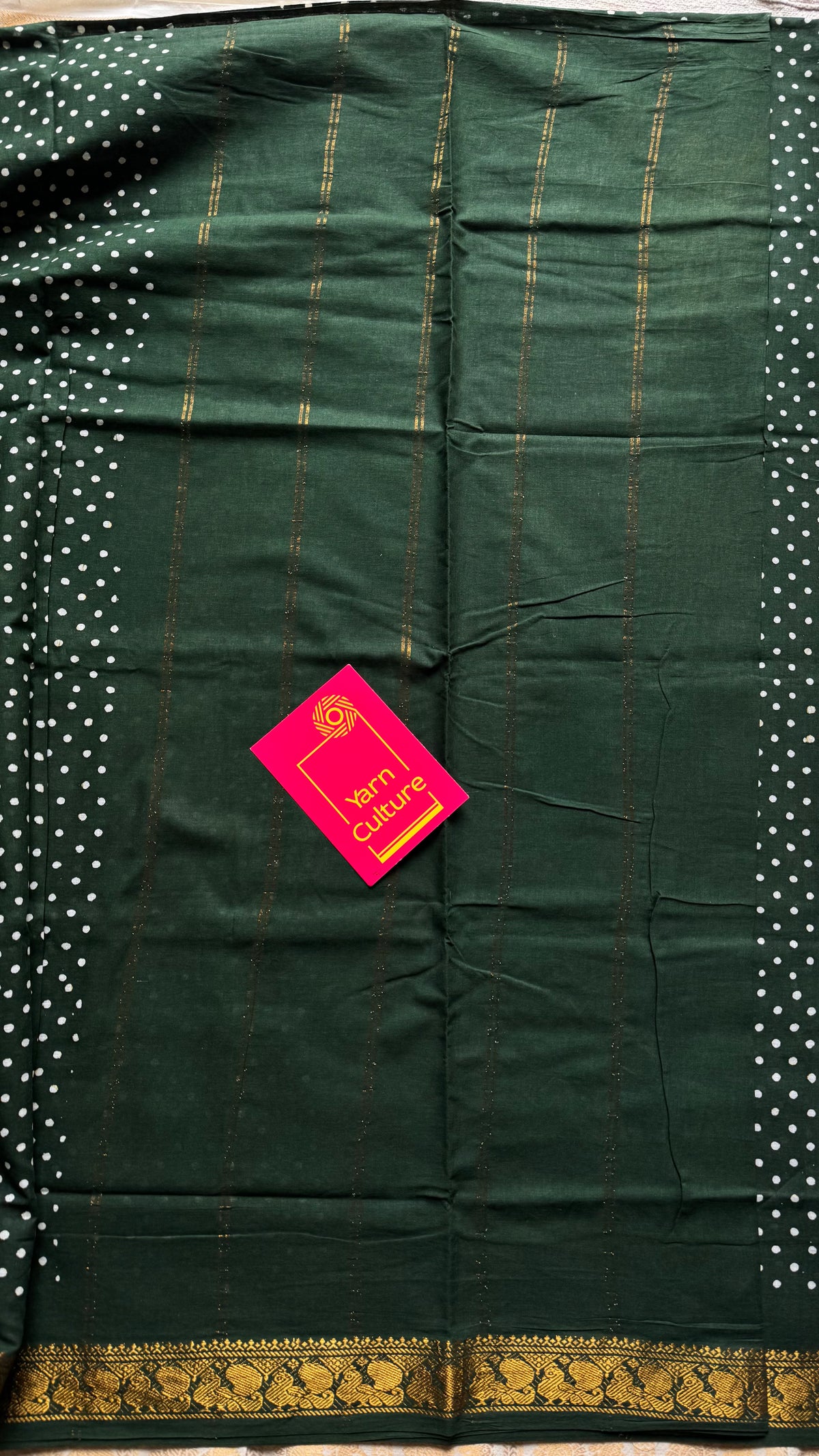 Dark green sungudi dotted, single-side border, kattuchayam dyed madurai cotton saree - YCCOTNMSSE04
