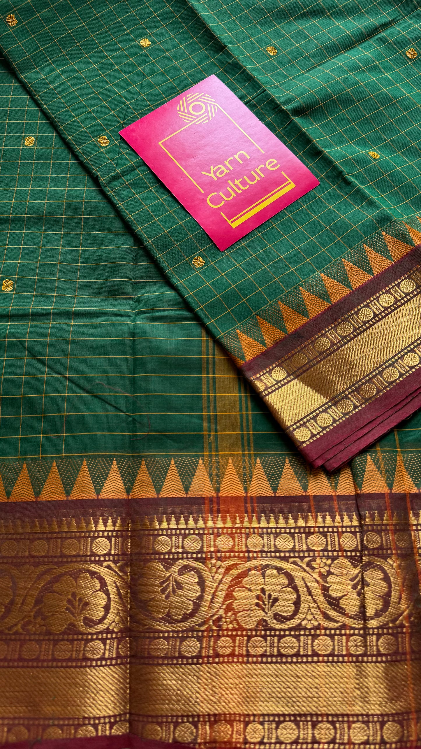 Kanchi cotton saree, green checks with maroon temple motif border - YCCOTNAP78