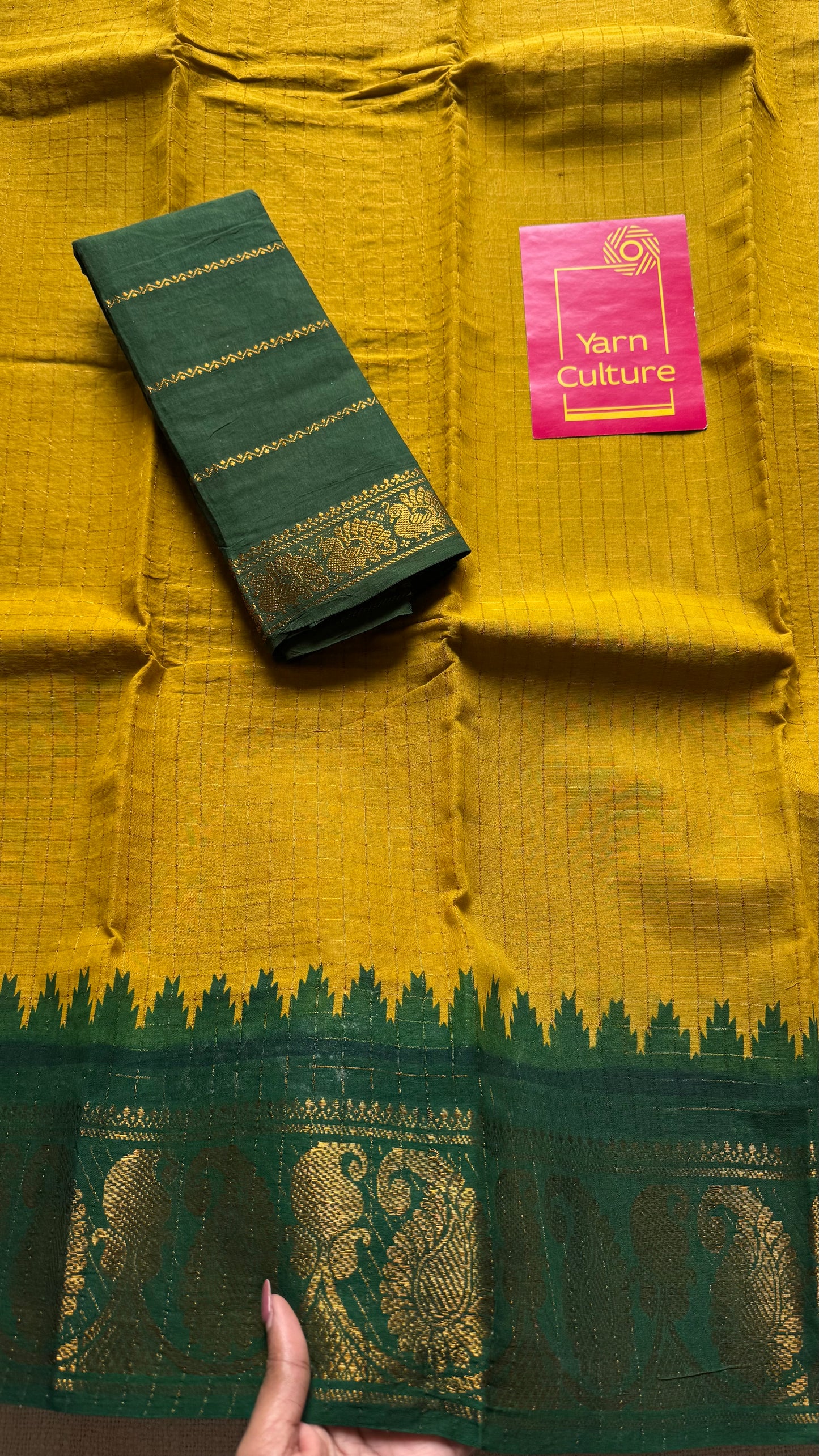 Sungudi cotton checks, mustard yellow base, maroon and dark green dual tone border, soft cotton - YCCOTNMSJUL11