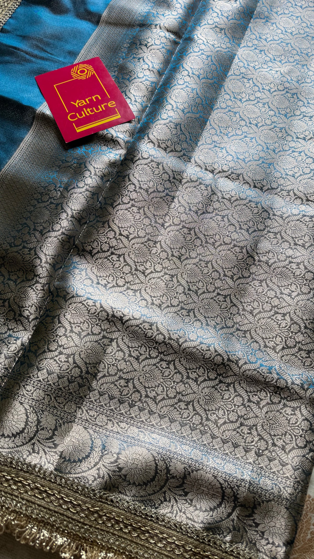 Peacock blue tissue Banarasi saree with embellished gold lace border - YCBLTOC77