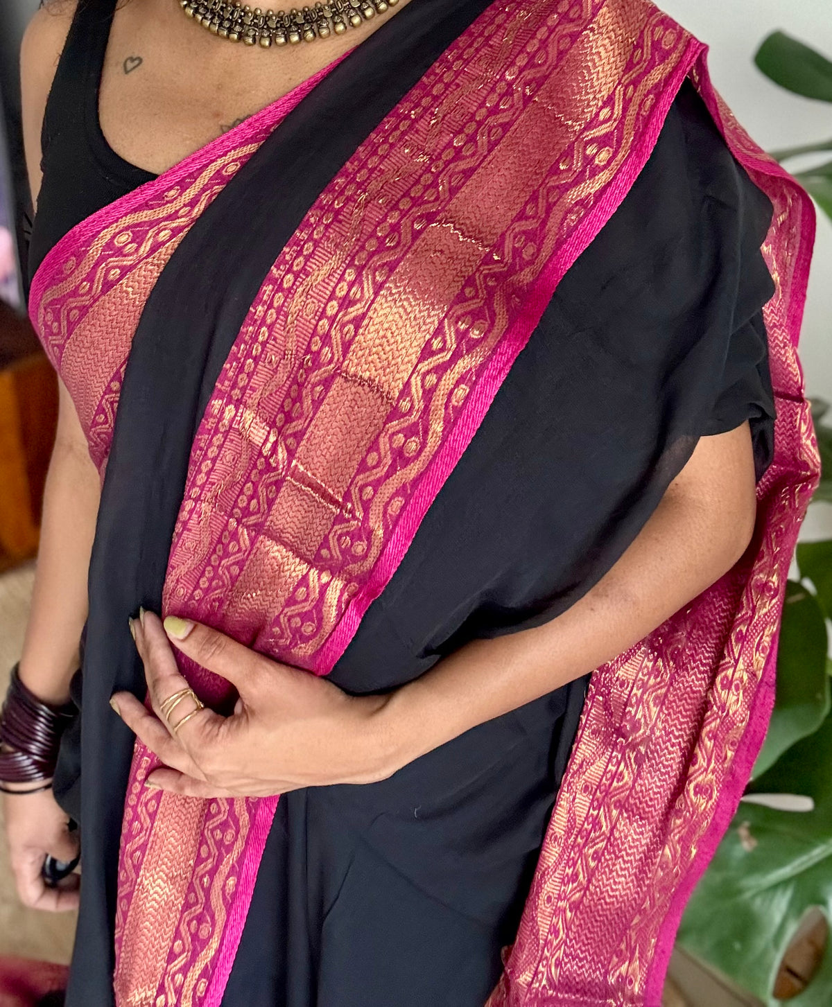 Black mul cotton saree with magenta kanchi inspired zari border - YCBCMCSE28