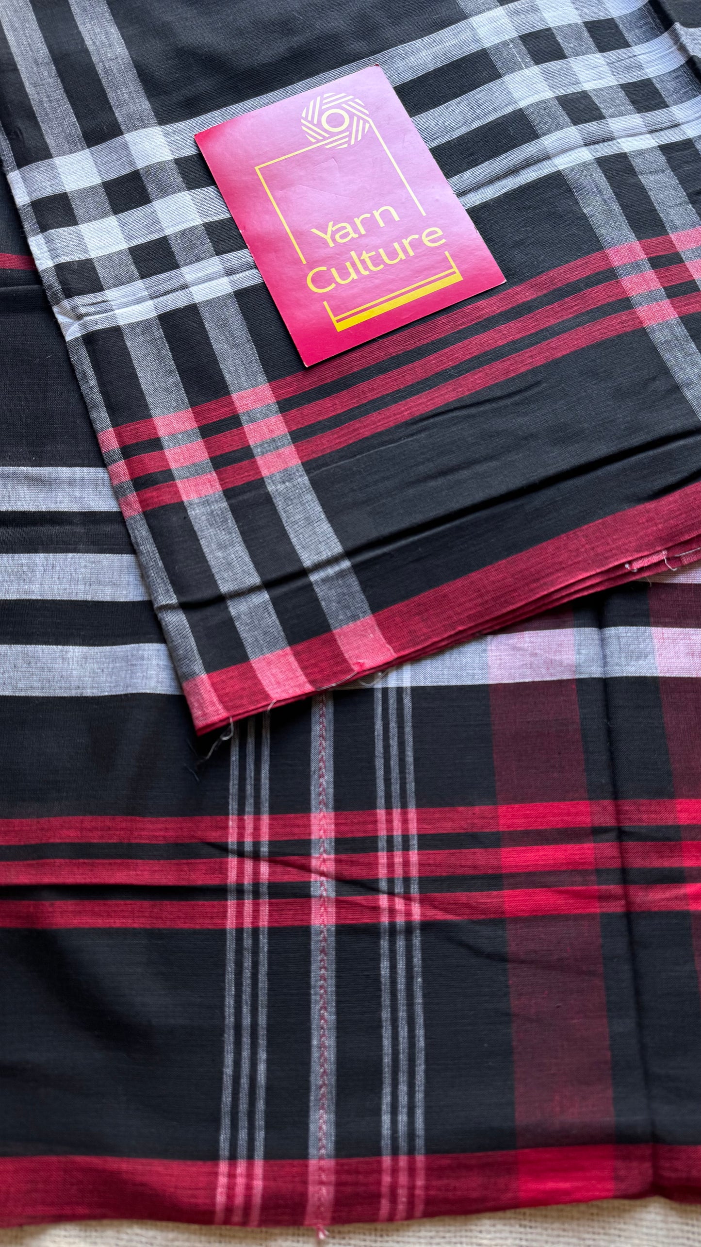 Dhonekhali handloom soft cotton saree, black with white and red big checks - YCBCDFE248