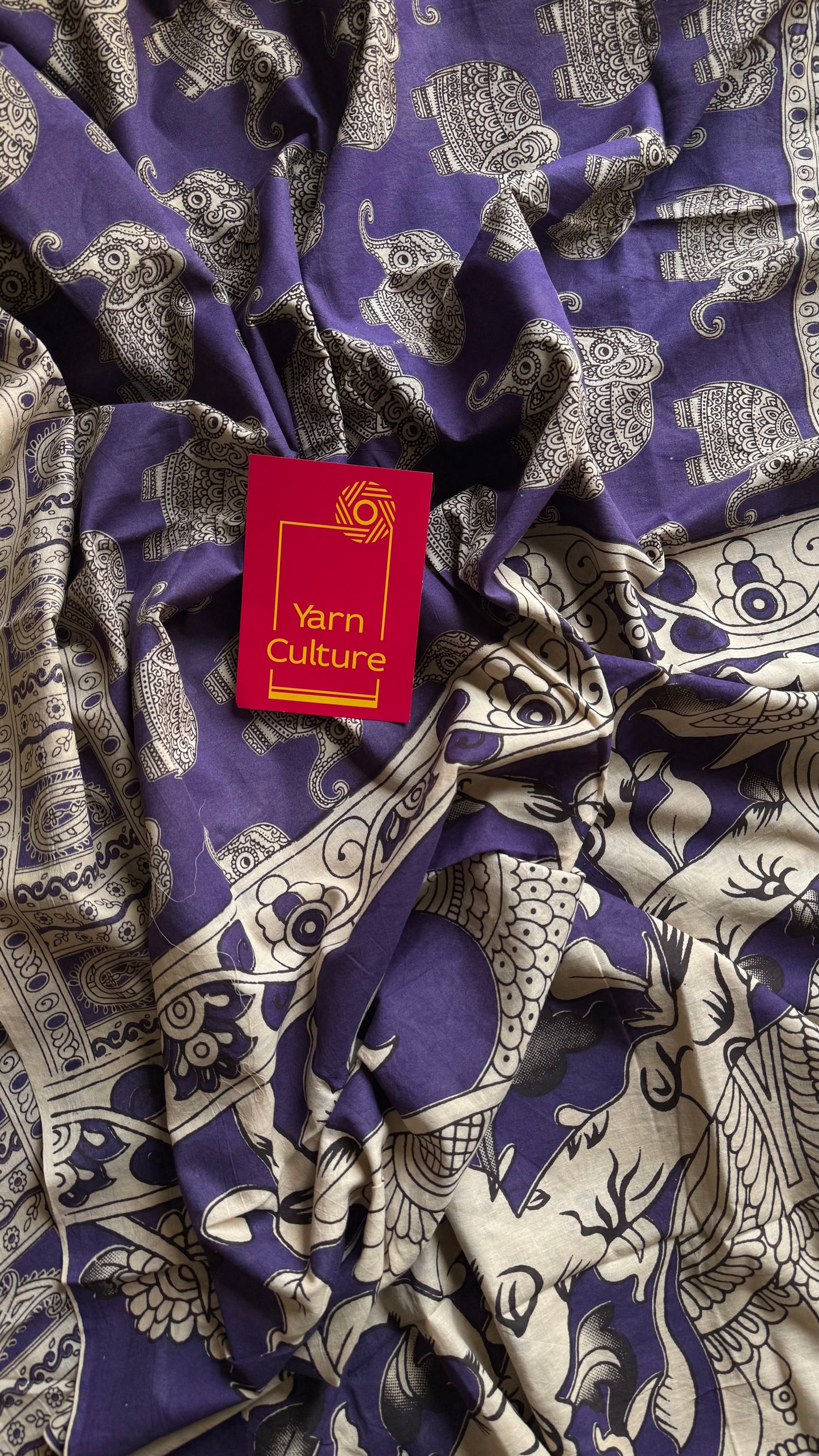 Purple kalamkari saree, elephant motifs, soft cotton - YCWOTDMA351