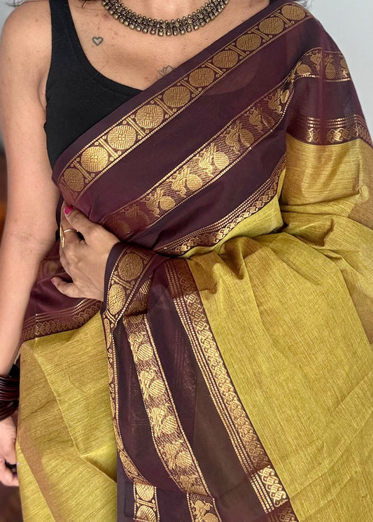 Lemon ginger green with brown contrast border, kanchi cotton - YCCOTNOCCC04