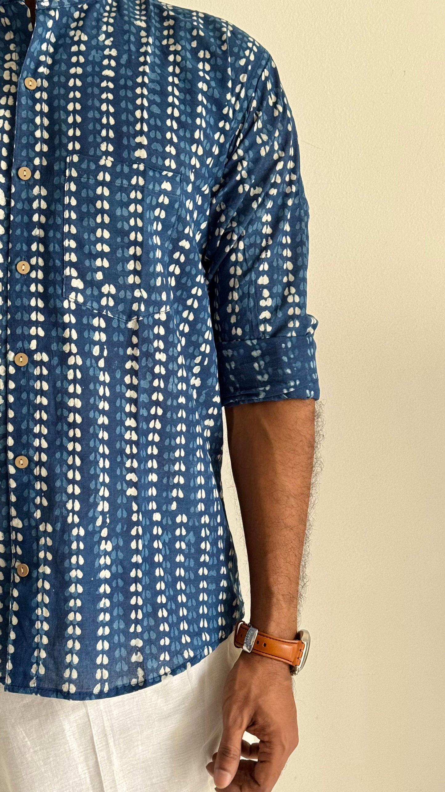 Indigo Striped Motif Block Printed Cotton Men's Mandarin Collar Kurta Shirt - YCMSEIE196