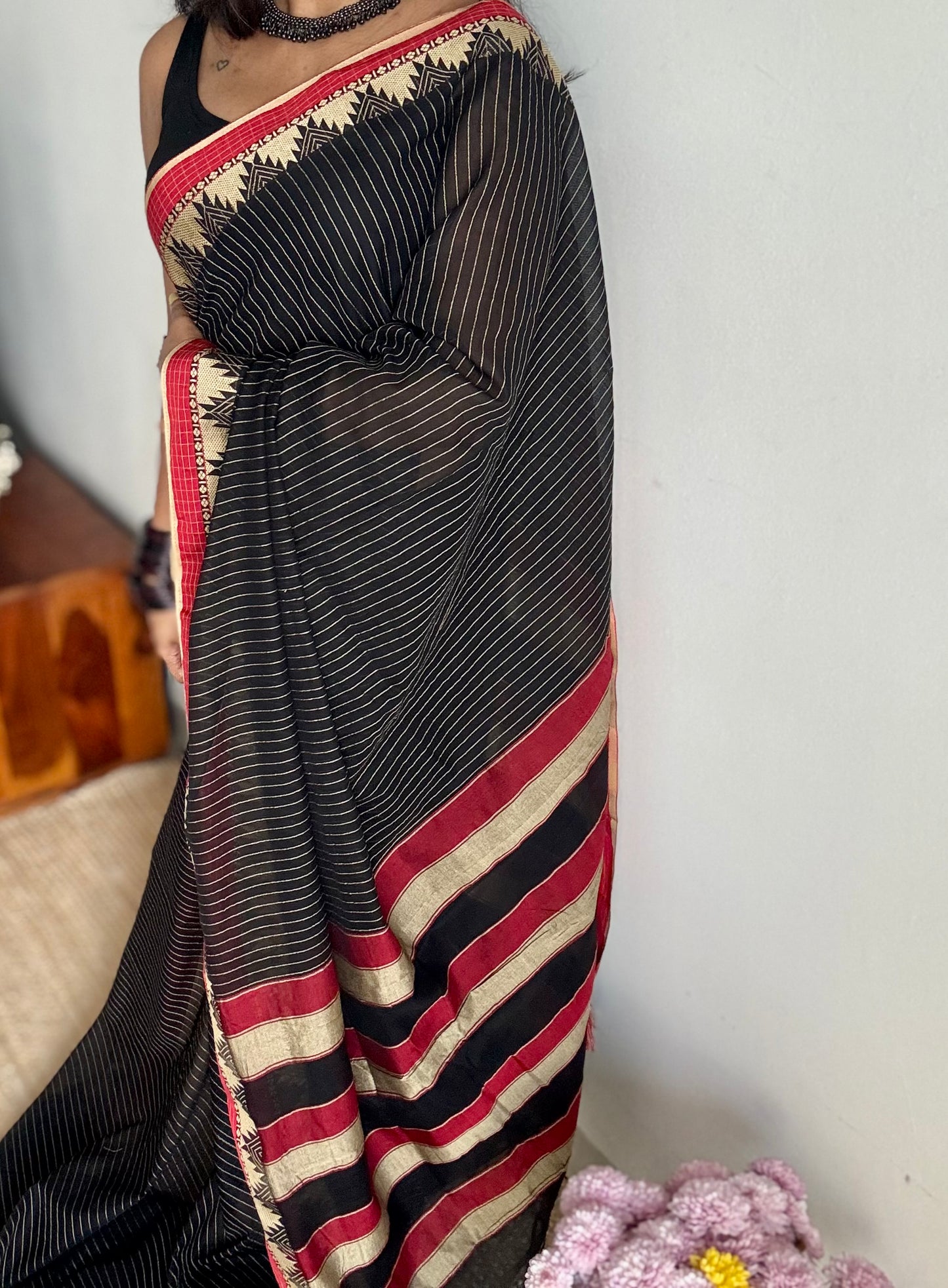 Black striped premium narayanpet soft cotton, with temple motif and checkered border - YCWOTDNPNO82