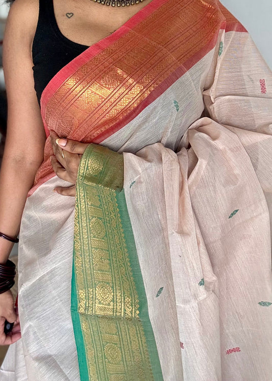 Beige with green pink and coral red contrast, kanchi cotton saree - YCCOTNMA327
