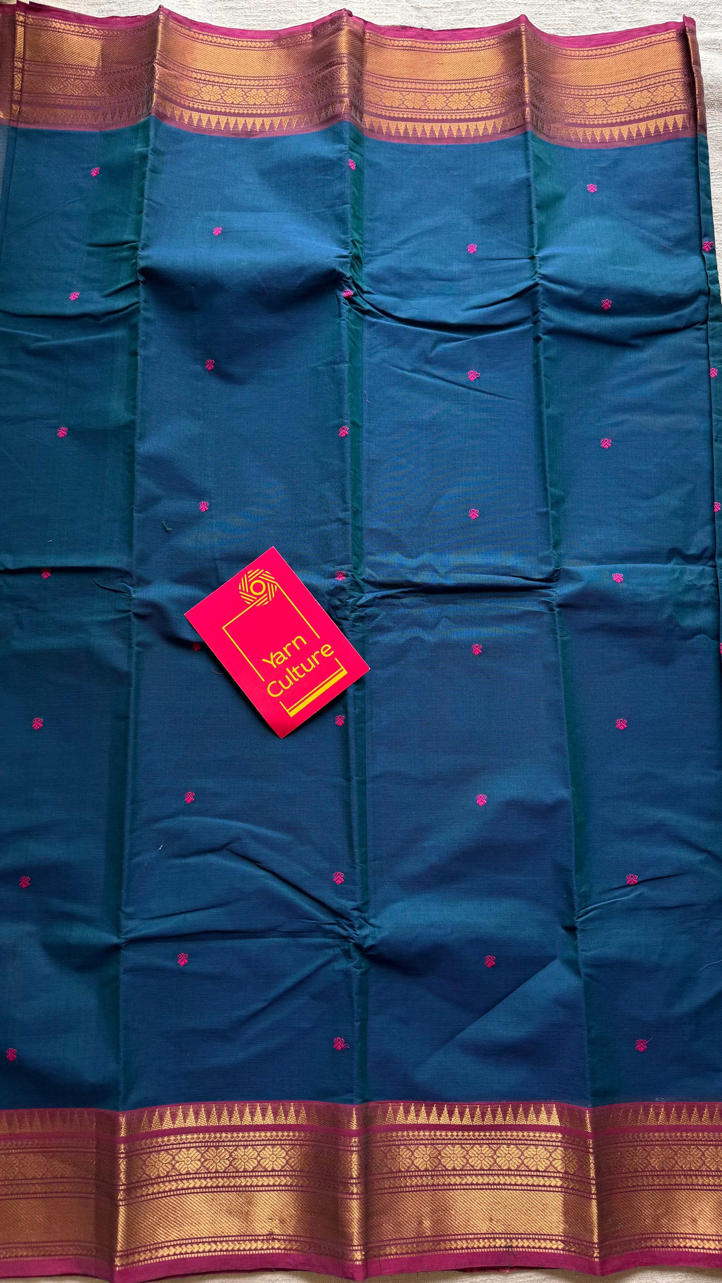 Kanchi cotton saree, peacock blue with dark pink border - YCCOTNAP86