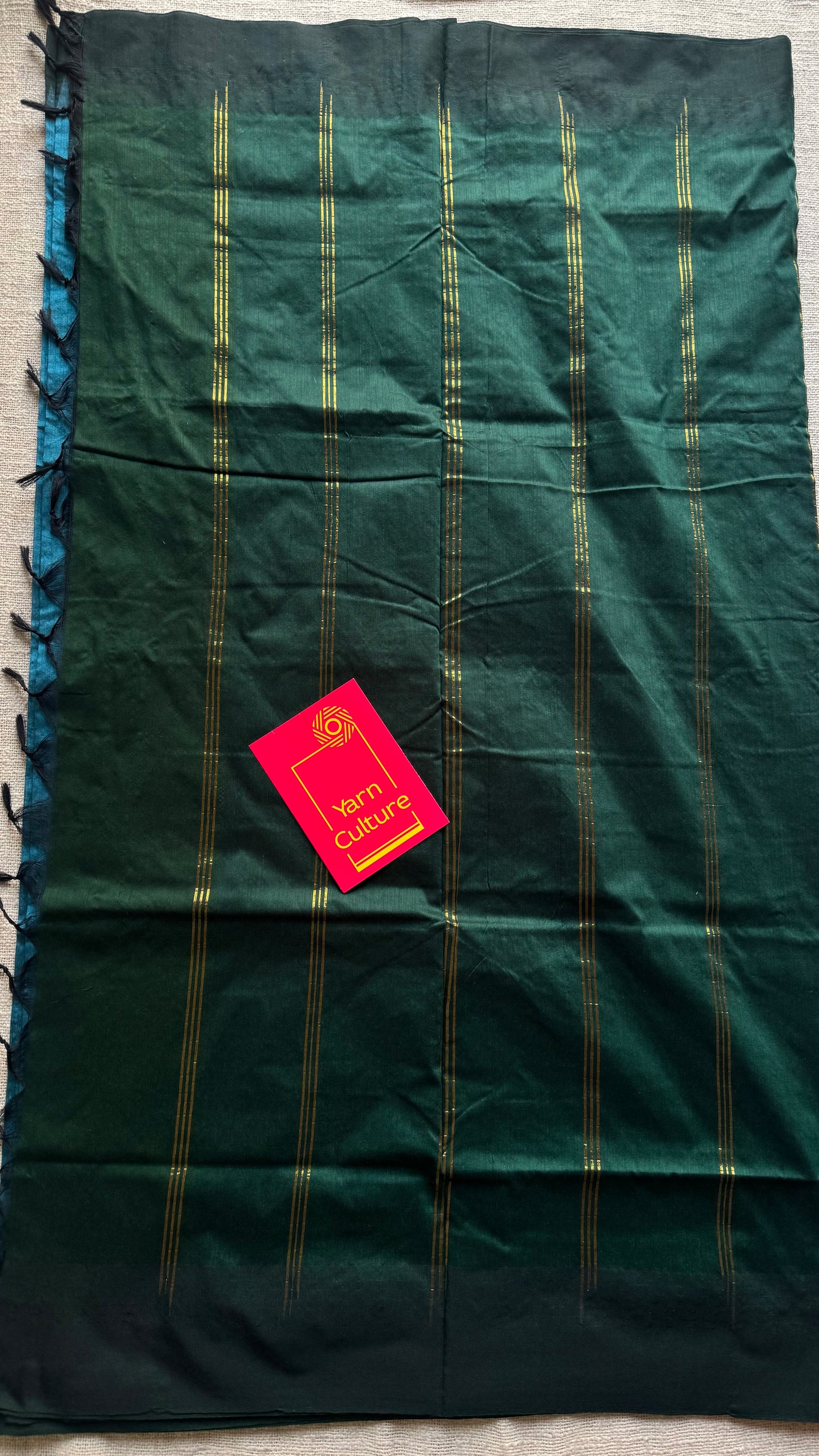 Blue with dark green contrast, temple border saree, cotton silk - YCCOTNTBFE63