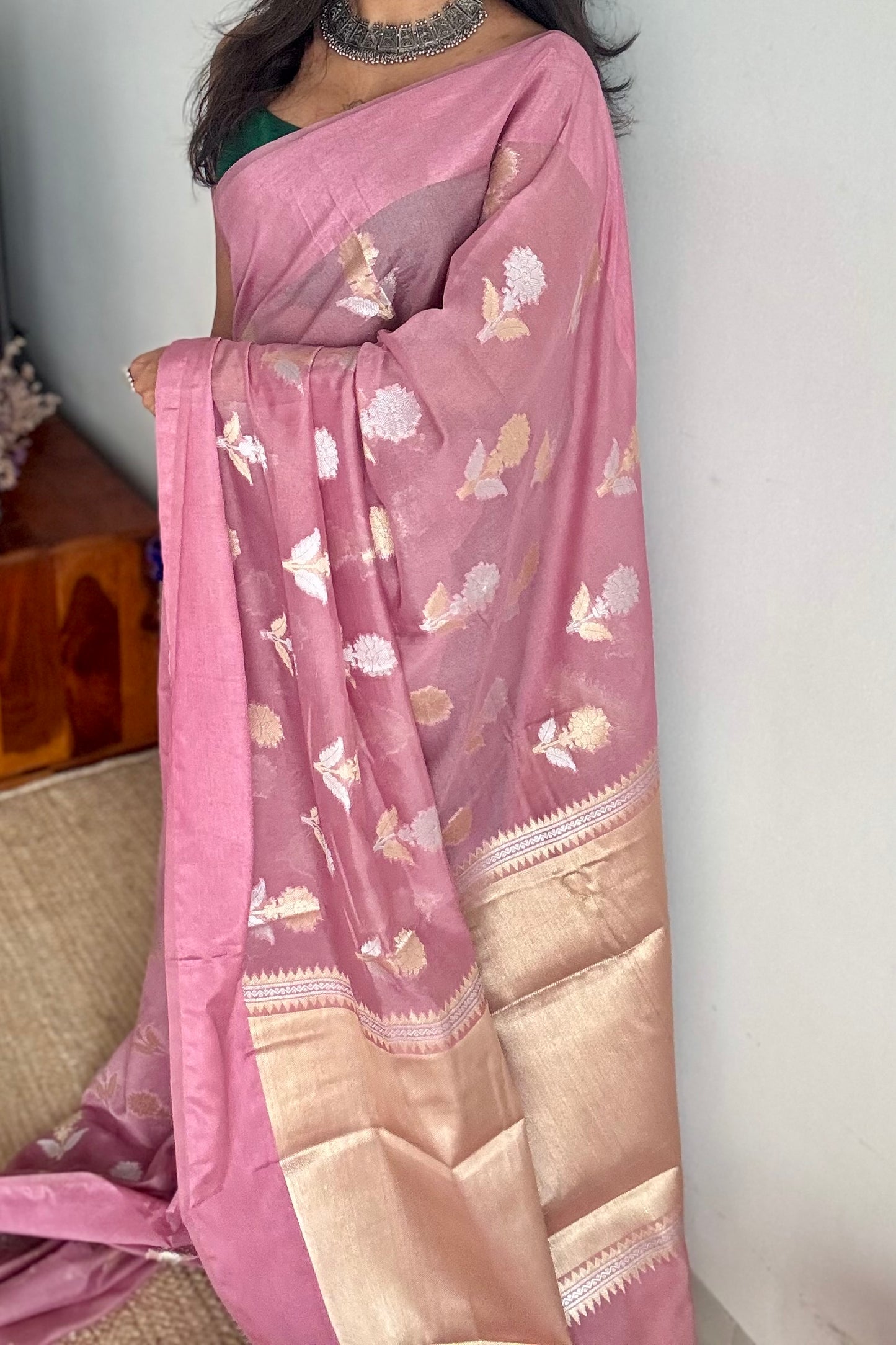Dusty pink with gold and silver floral buttas, Banarasi semi-crepe silk - YCDESE46