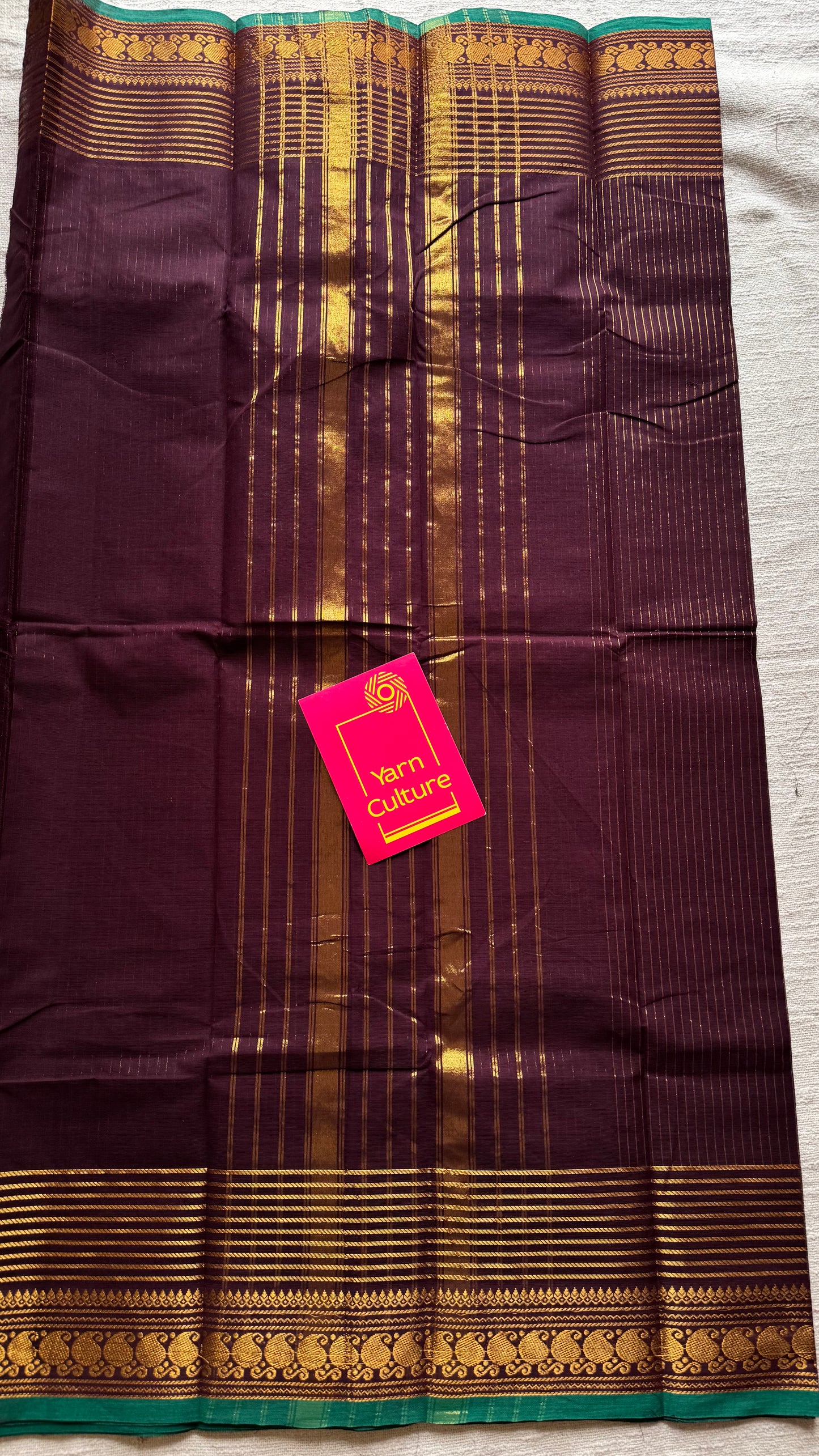 Kanchi cotton saree, brownish maroon with gold stripes, paisley border - YCCOTNAP93