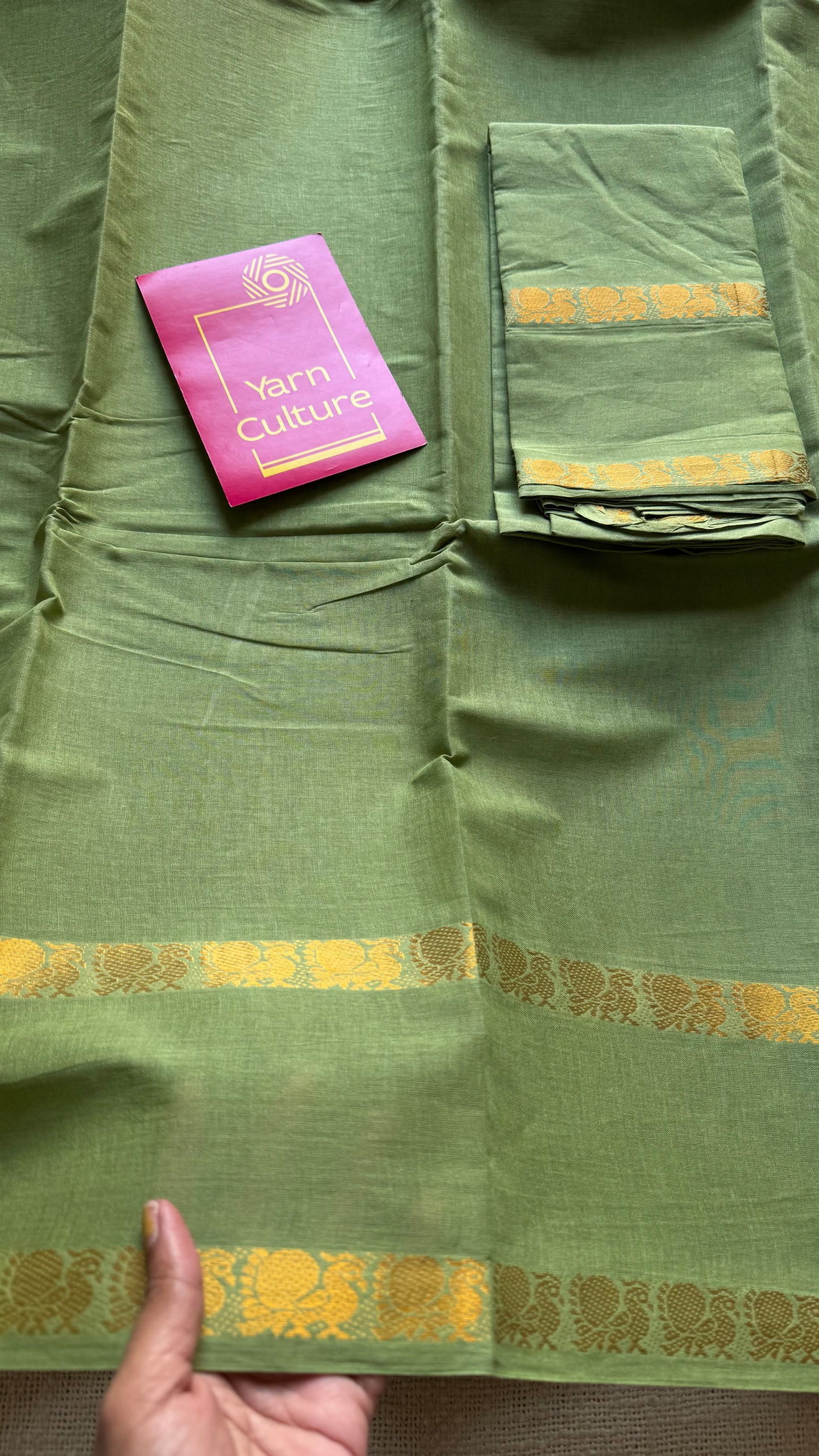 Sage green rettaipettu peacock double bordered, kattuchayam dyed madurai cotton saree - YCCOTNMSFE272