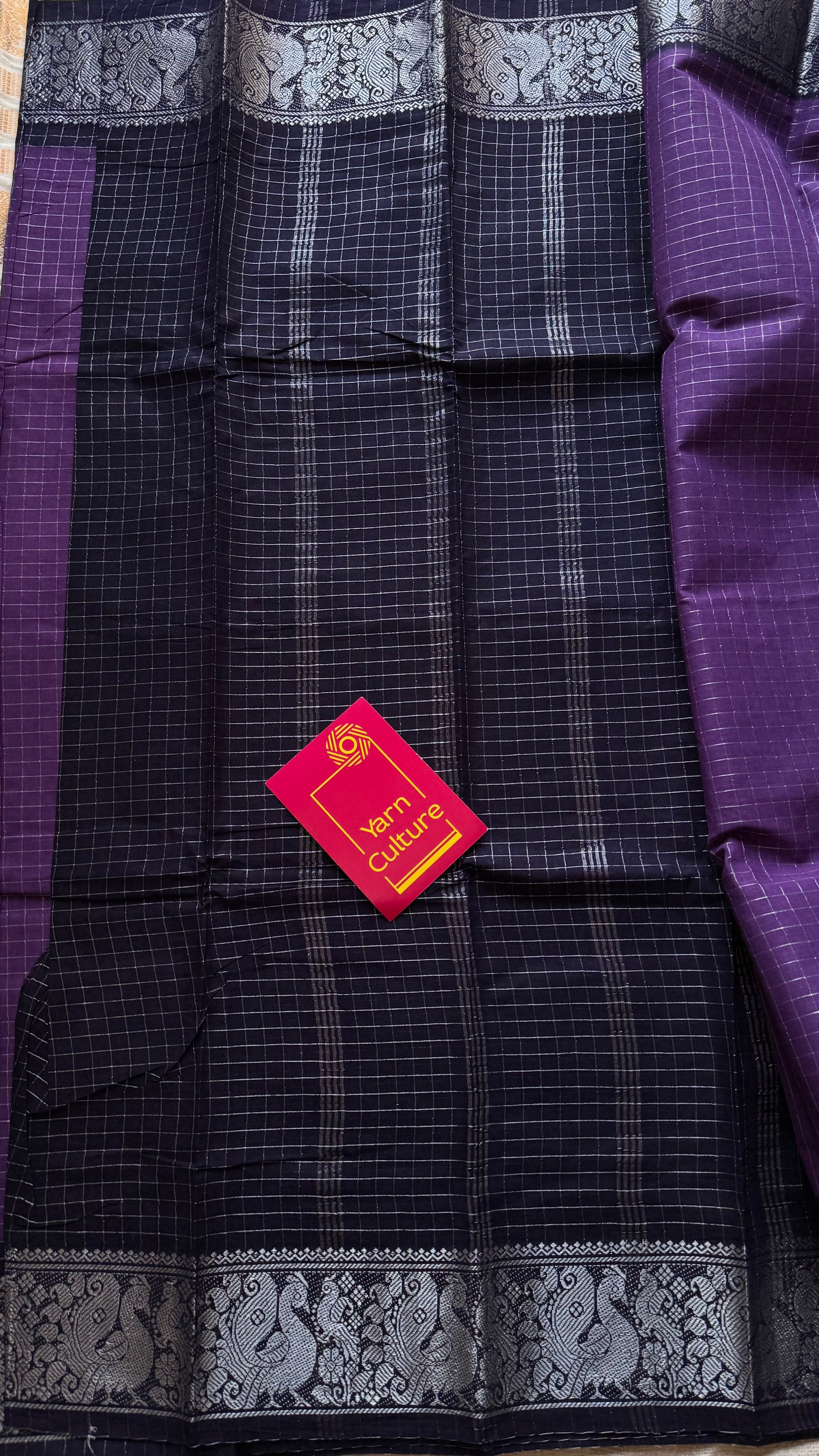 Purple with dark blue, silver zari checkered sungudi, kattuchayam dyed madurai cotton - YCCOTNMSAP105