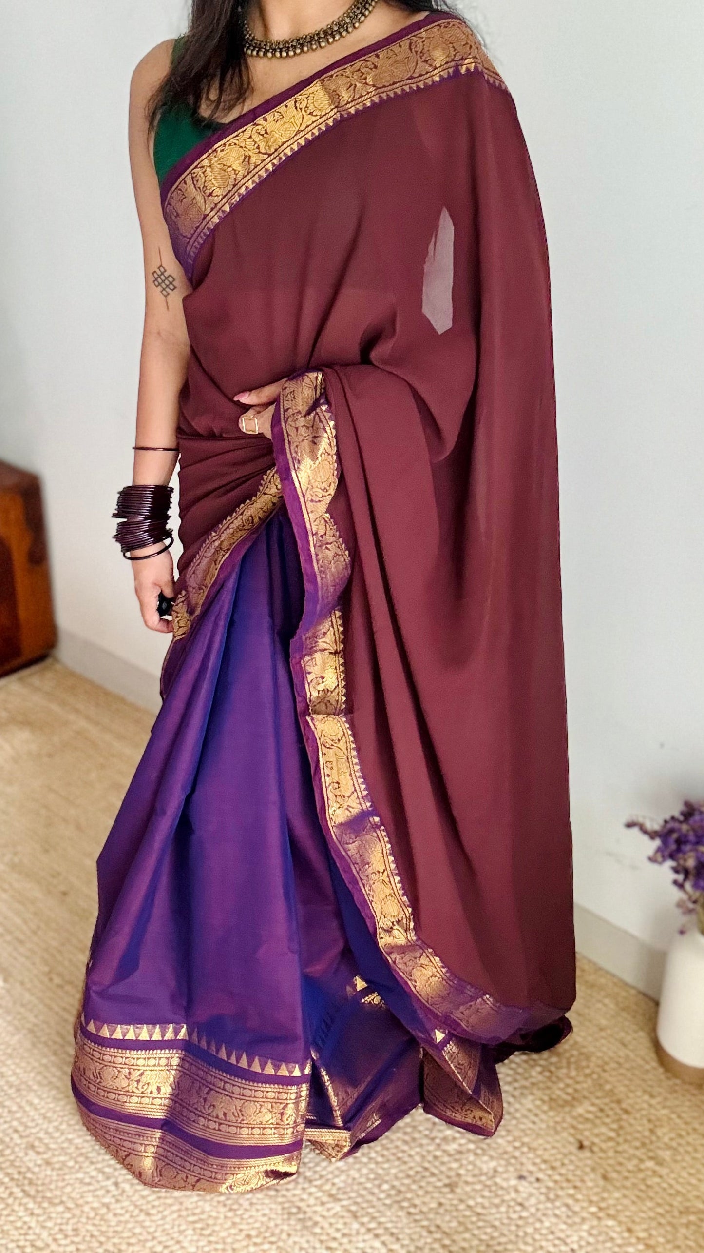 Purple - Brown unstitched half saree material (dhavani), kanchi cotton - YCIEHS207
