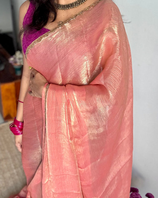 Peach Affair - peach pink hues, metallic dual tone space silk, embellished border - YCDOSDE60