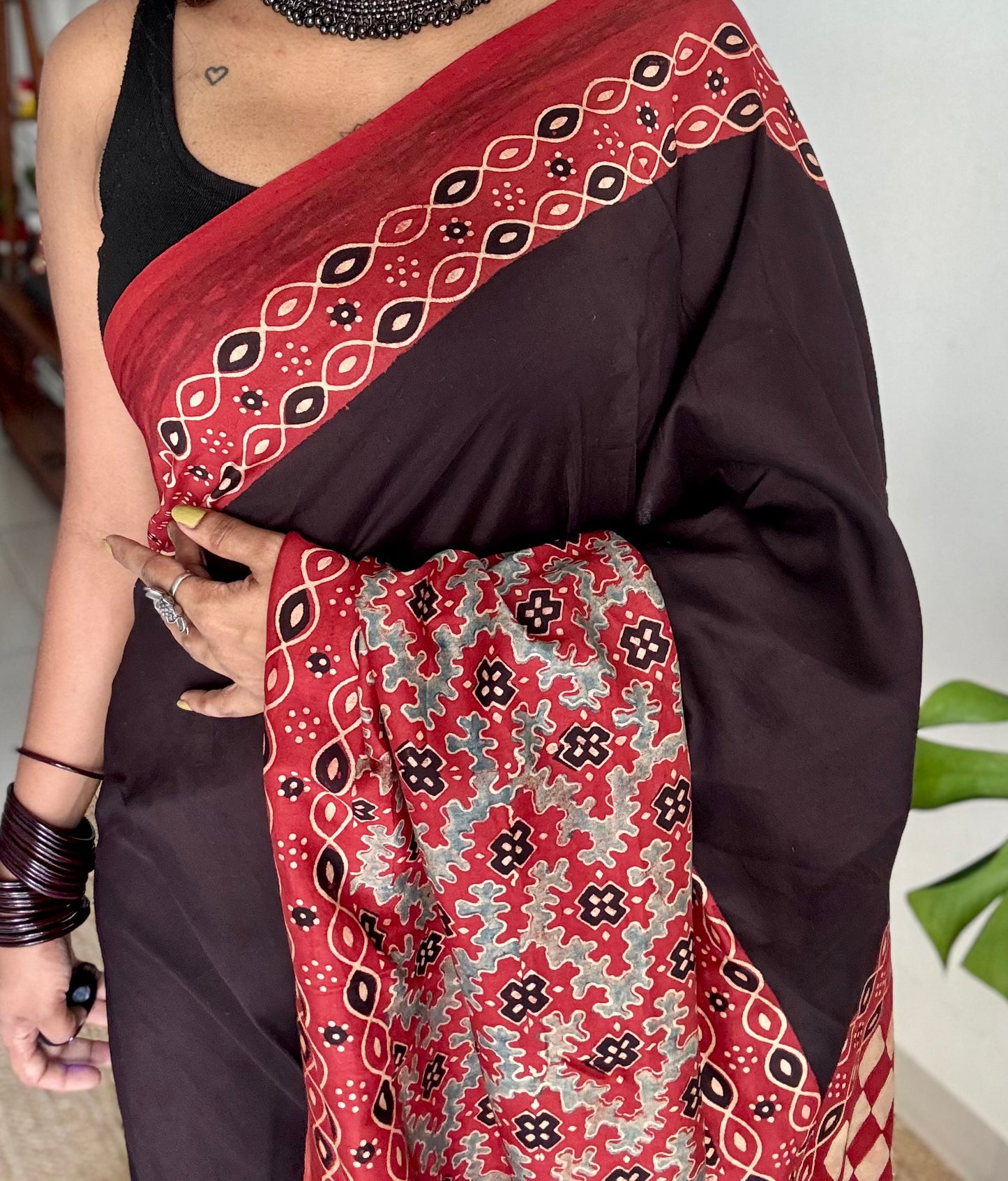 Black and red chanderi saree with ajrakh handblock print - YCTOKAJC343