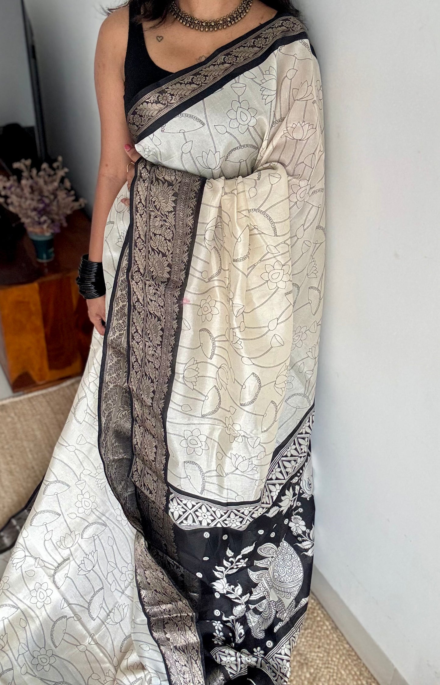 Off white and black, printed kalamkari, lotus motif, semi-tussar - YCWOTDSTK05