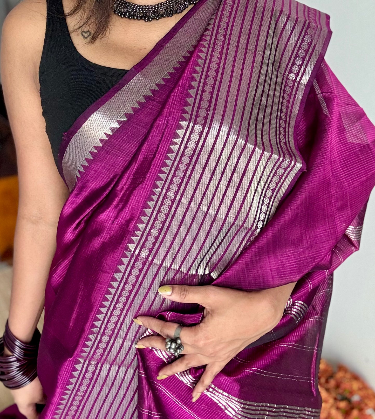 Purple pink with silver woven zari border, mangalgiri silk cotton, handwoven, soft, light weight- YCWOTDFEM406
