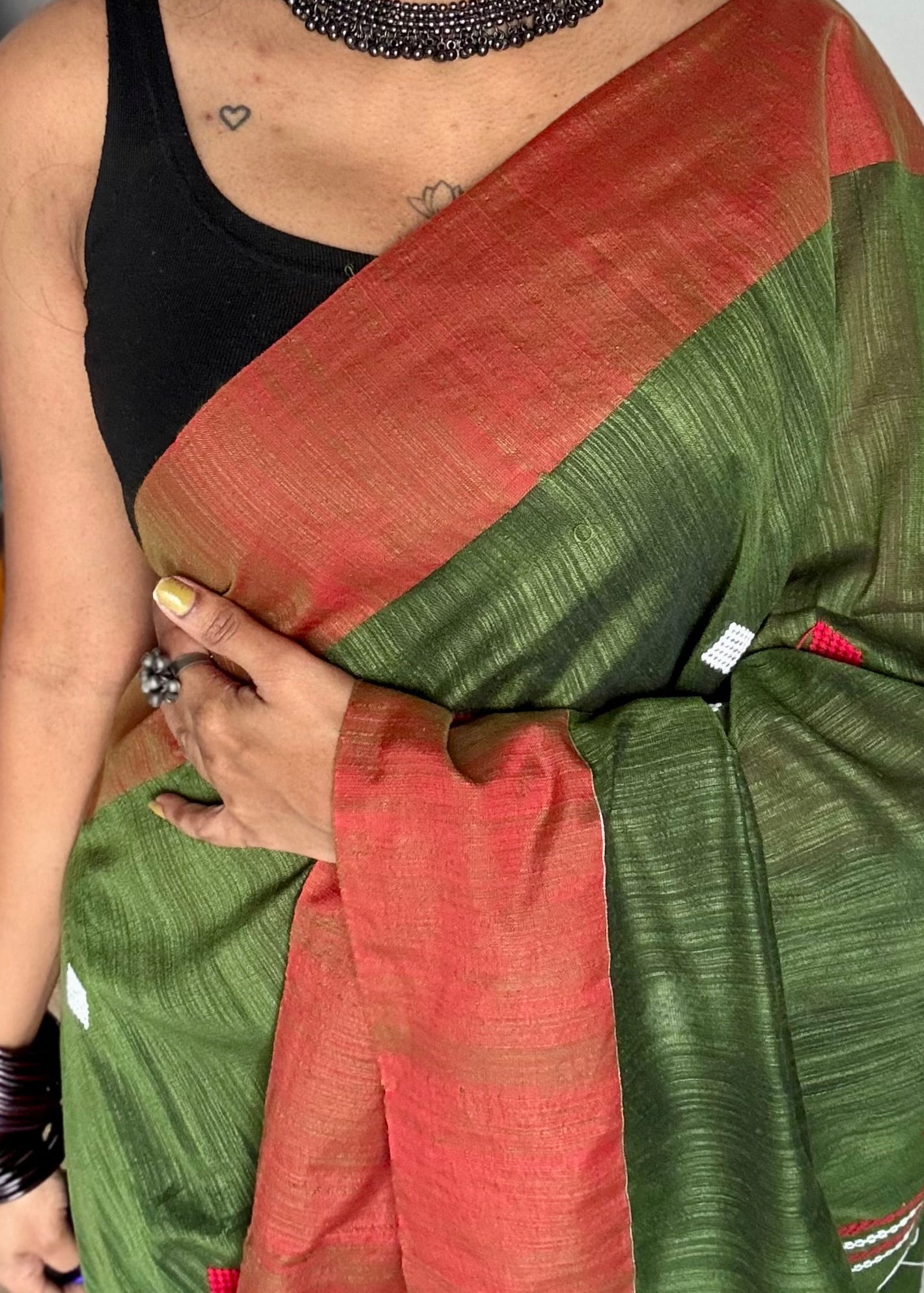 Green with burnt orange, soft cotton with woven motifs - YCBCKCDE26