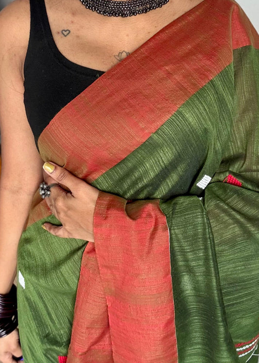 Green with burnt orange, soft khadi cotton with woven motifs - YCBCKCDE26