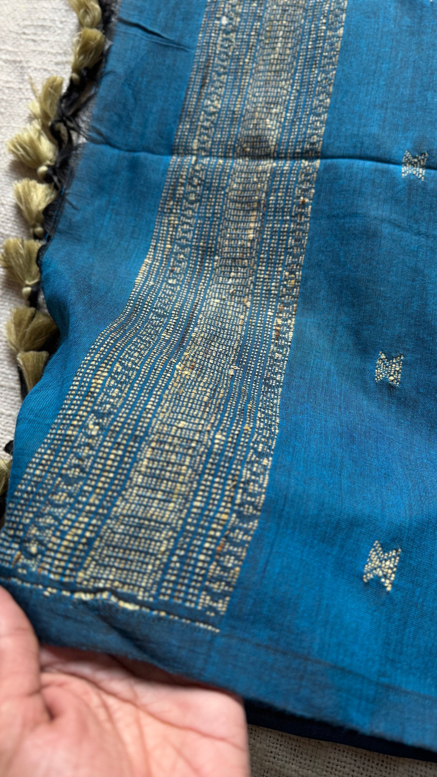 Peacock blue, bhujodi patterned soft khadi cotton saree - YCBCKCDE21