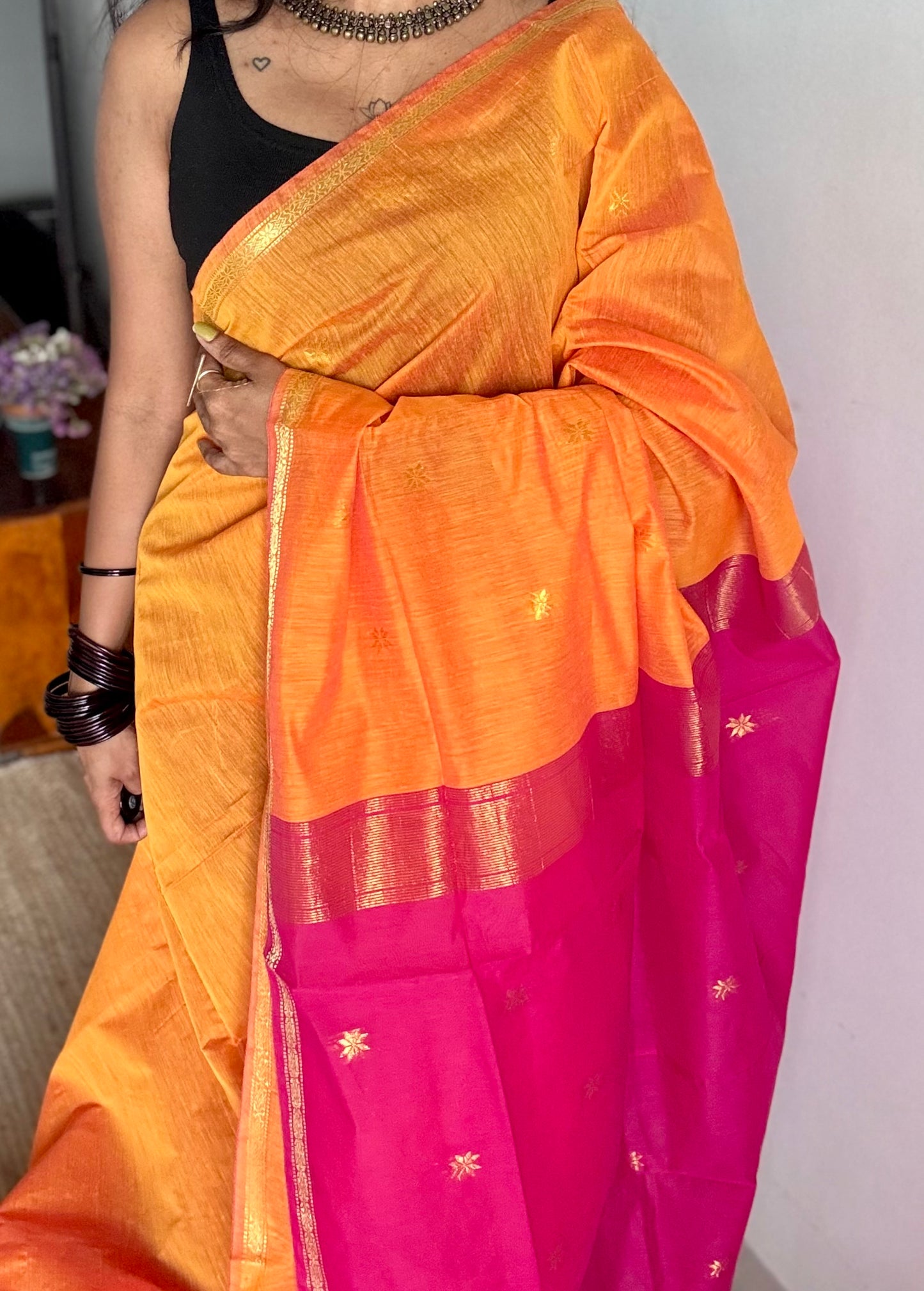 Orange with rani pink, gold buttas, semi maheshwari cotton silk - YCCOTNCSDE88