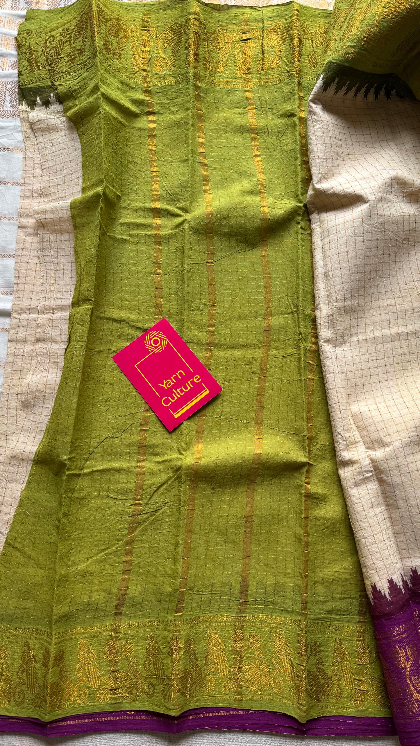 Sungudi cotton checks, ivory gold base, magenta and lime green dual tone border, soft cotton - YCCOTNMSJUL09