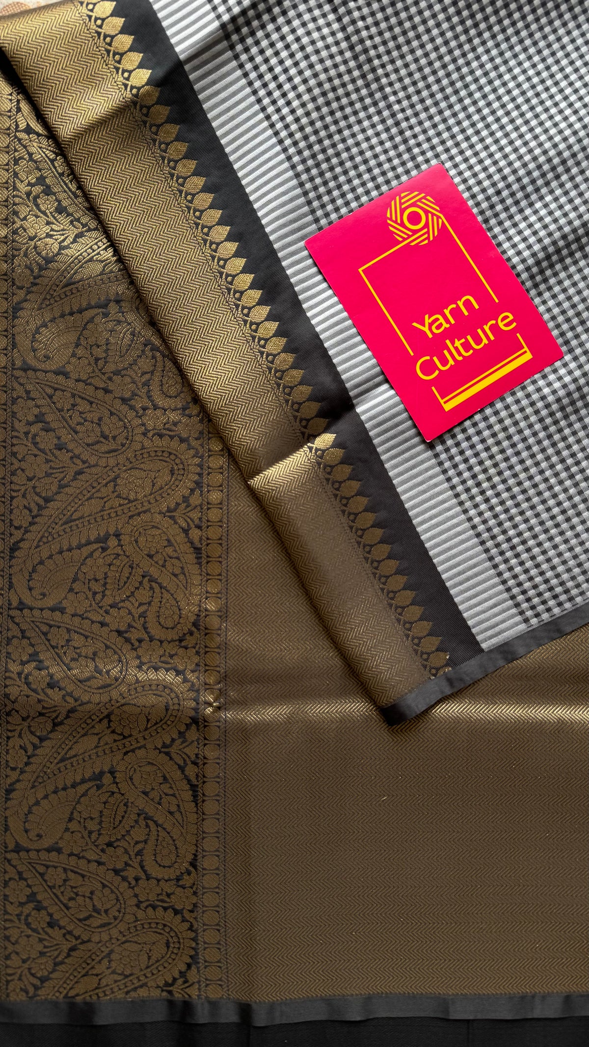 Black and white mini checks, Banarasi semi-katan silk saree with antique gold zari pallu - YCBLTOC93
