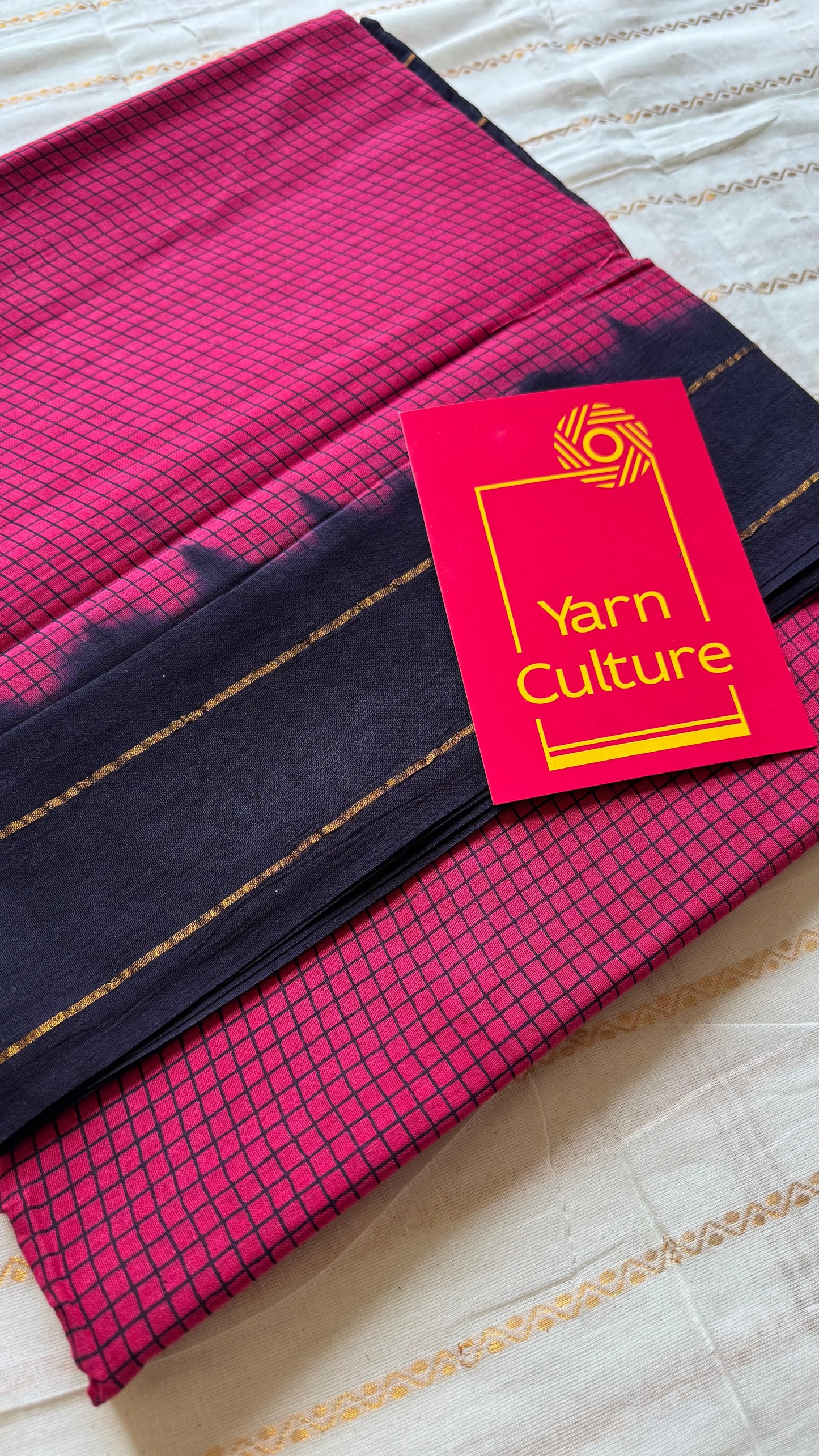 Dark pink with black contrast, checkered kattuchayam dyed madurai cotton saree - YCCOTNMA234