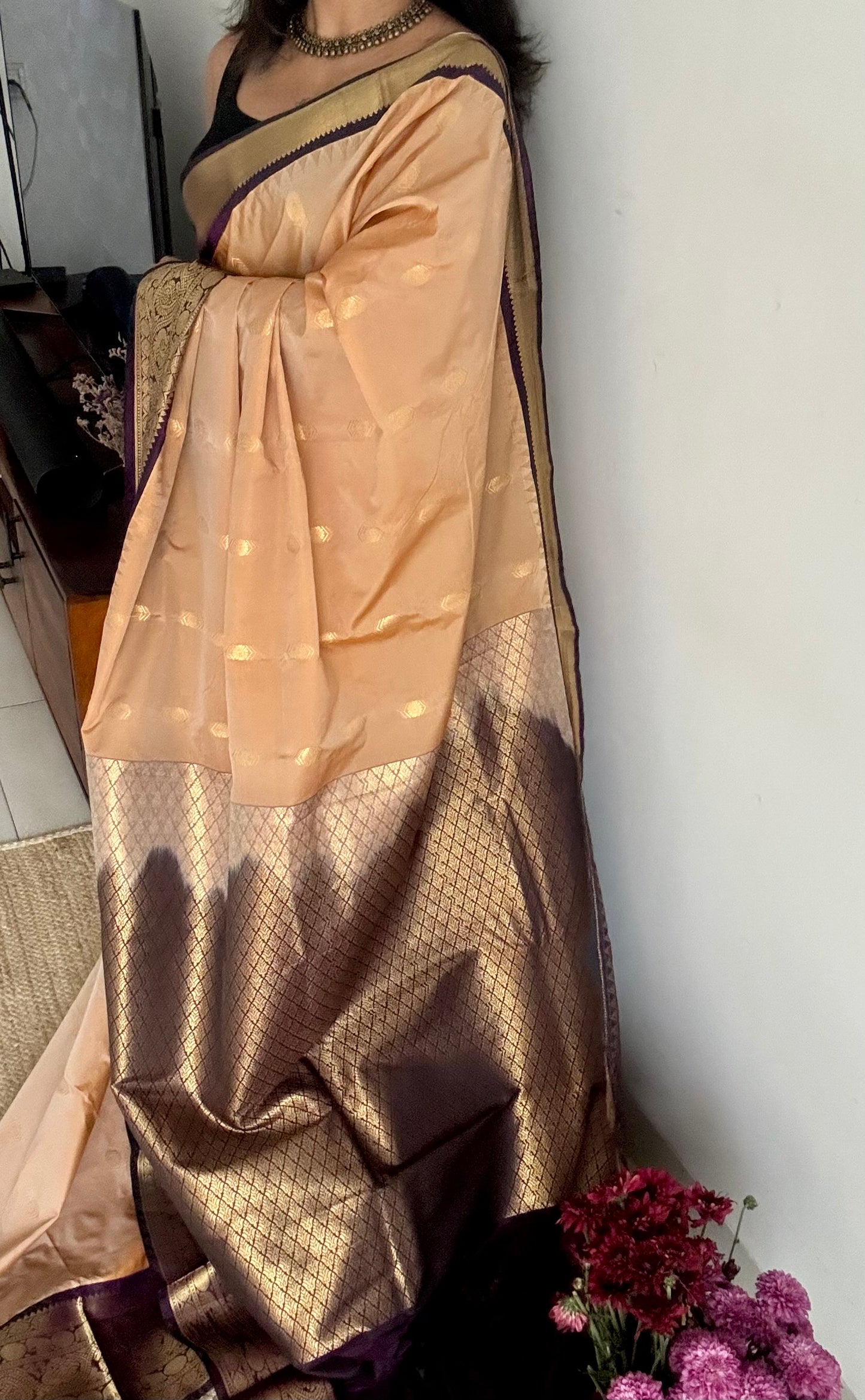 Mohini - beige with deep wine purple, handloom korvai semi silk - YCCOTNFEJUKS06