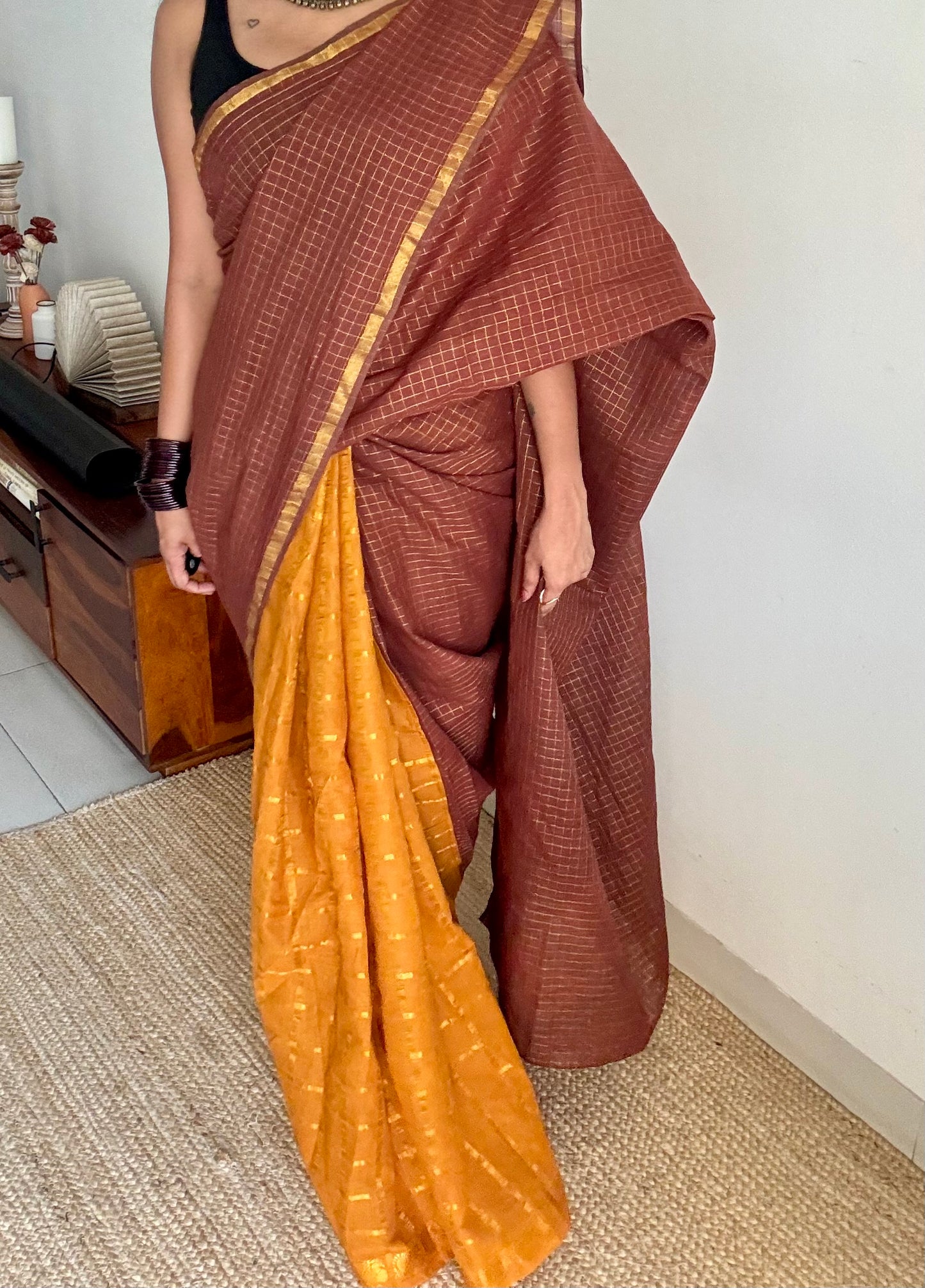 Brown with turmeric yellow, sungudi cotton half-half saree - YCCOTNIDMA315
