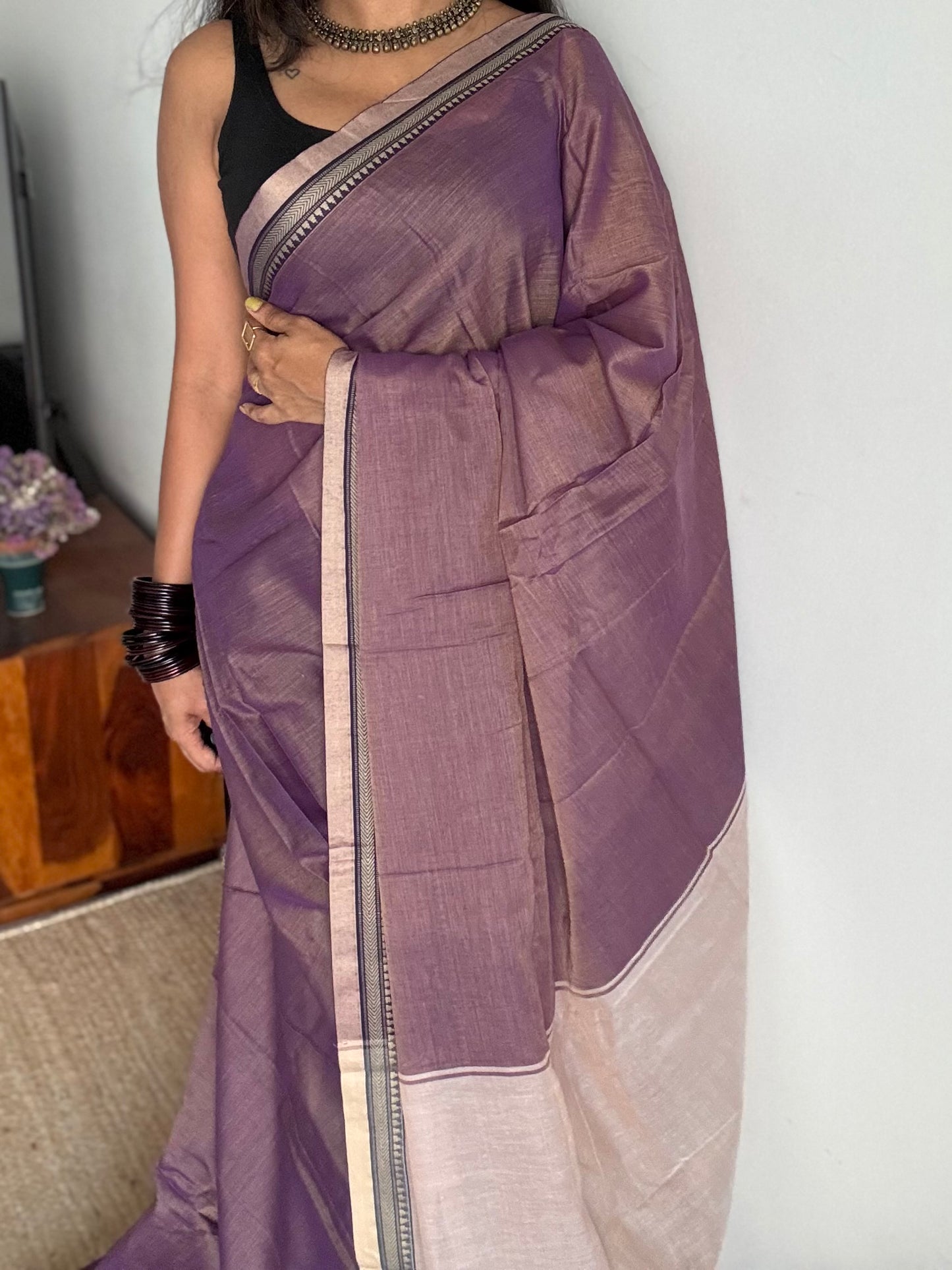 Lilac pink border narayanpet saree, soft cotton - YCWOTDNPFE36