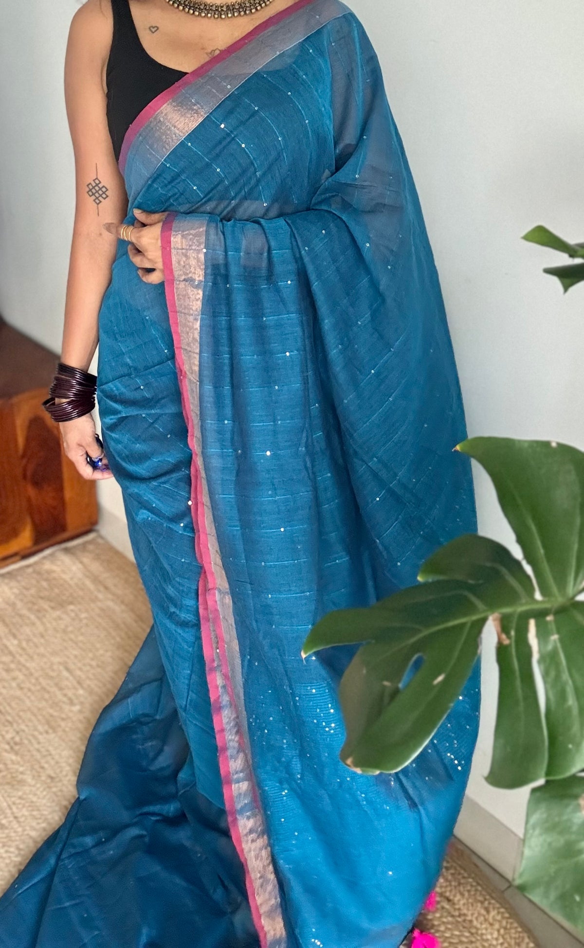Peacock blue mul cotton saree with sequins and zari border - YCBCMCSE31