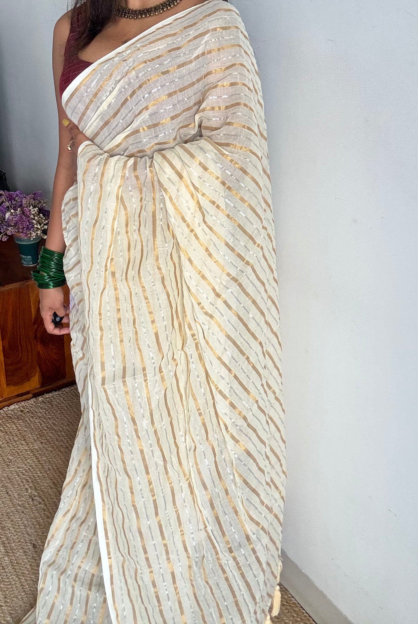 Ivory mul saree with gold and silver stripes - YCBCMCFE298