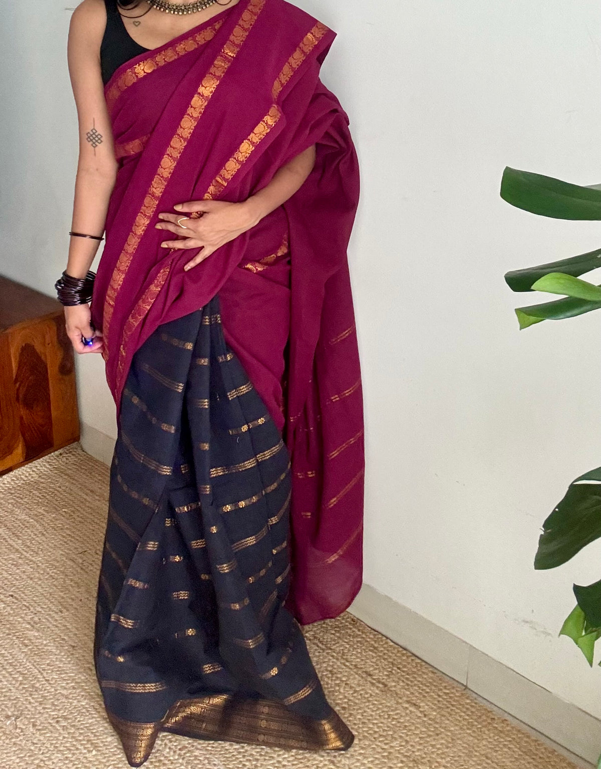 Purple pink (vadamalli) and black velthaari, sungudi cotton half-half saree - YCCOTNIDOC26